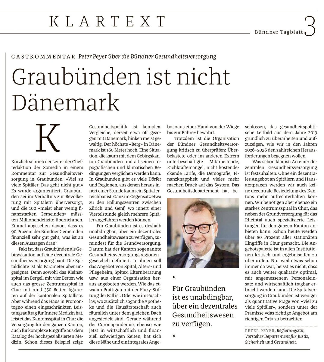 Peter Peyer (@rrpeterpeyer) on Twitter photo Mein Klartext-Beitrag im #BündnerTagblatt von heute zum Thema Gesundheitsversorgung in Graubünden.
Besten Dank an die <a href="/suedostschweiz/">Südostschweiz</a> für die Veröffentlichung. Mein Klartext-Beitrag im #BündnerTagblatt von heute zum Thema Gesundheitsversorgung in Graubünden.
Besten Dank an die <a href="/suedostschweiz/">Südostschweiz</a> für die Veröffentlichung.