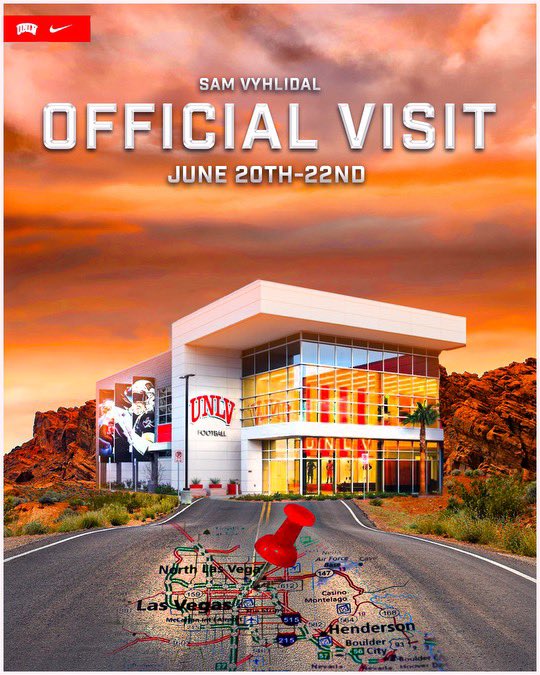 Sam Vyhlidal (@sam_vyhlidal) on Twitter photo Excited for my OV to <a href="/unlvfootball/">UNLV Football</a> to see <a href="/CoachDanMullen/">Dan Mullen</a>, <a href="/CoachAMayes/">Adrian Mayes</a>, and the rest of the staff on 6/20!
<a href="/BrandonHuffman/">Brandon Huffman</a>
<a href="/JordanJ_/">Jordan Johnson</a> <a href="/AndrewNemec/">Andrew Nemec</a>
<a href="/ChadSimmons_/">ChadSimmons</a> <a href="/On3sports/">On3</a>
<a href="/flyguyhuey5/">Houston Lillard</a> <a href="/teamlillard7on7/">Team Lillard Football</a> Excited for my OV to <a href="/unlvfootball/">UNLV Football</a> to see <a href="/CoachDanMullen/">Dan Mullen</a>, <a href="/CoachAMayes/">Adrian Mayes</a>, and the rest of the staff on 6/20!
<a href="/BrandonHuffman/">Brandon Huffman</a>
<a href="/JordanJ_/">Jordan Johnson</a> <a href="/AndrewNemec/">Andrew Nemec</a>
<a href="/ChadSimmons_/">ChadSimmons</a> <a href="/On3sports/">On3</a>
<a href="/flyguyhuey5/">Houston Lillard</a> <a href="/teamlillard7on7/">Team Lillard Football</a>