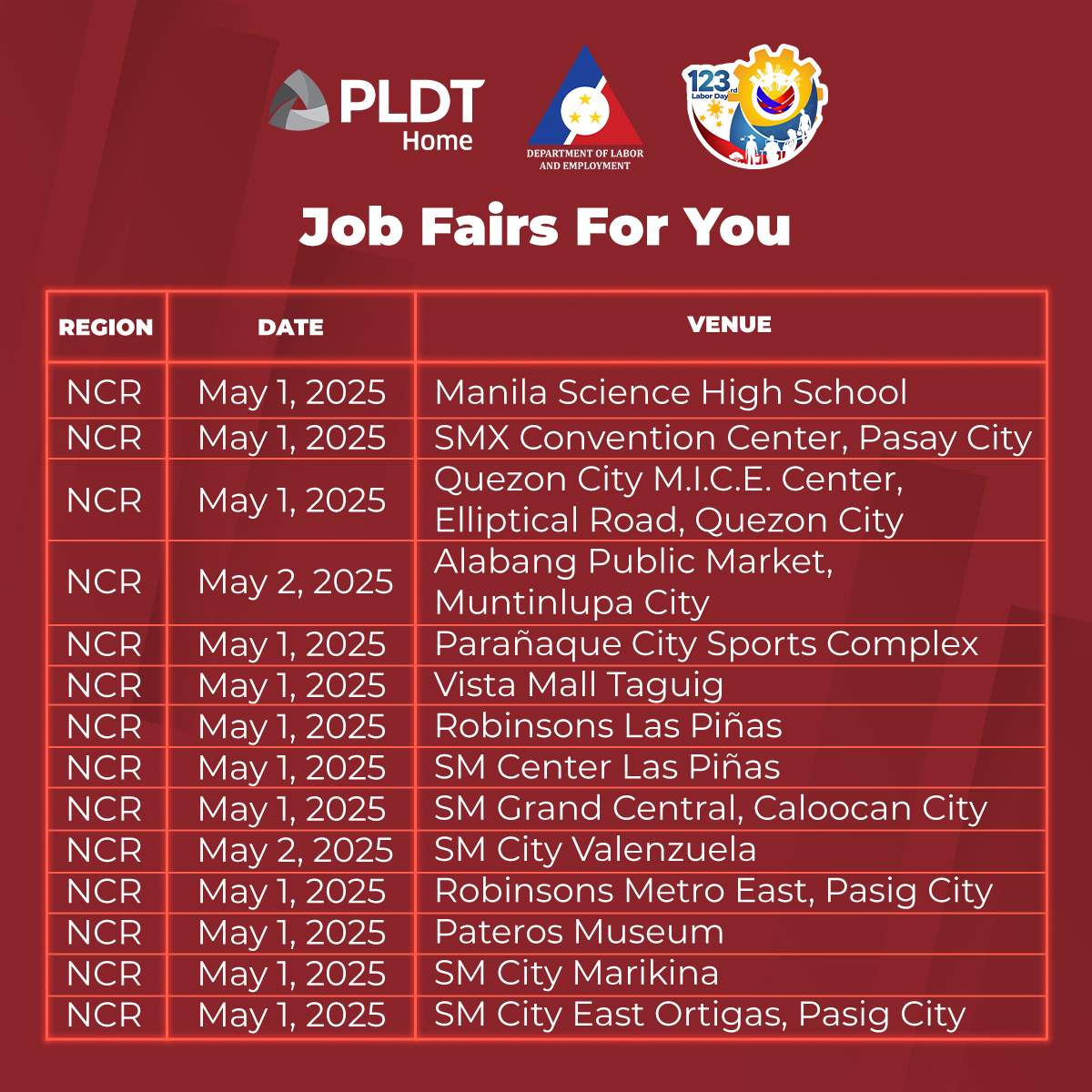 PLDTHome's tweet photo. This #LaborDay, we honor the strength and spirit of every Filipino worker.
At #PLDTHome, we are here for you — today and every day. Together with DOLE, we're bringing job fairs to over 65 locations nationwide!
Swipe to see the venue closest to you! https://t.co/1ke7T9x2vY