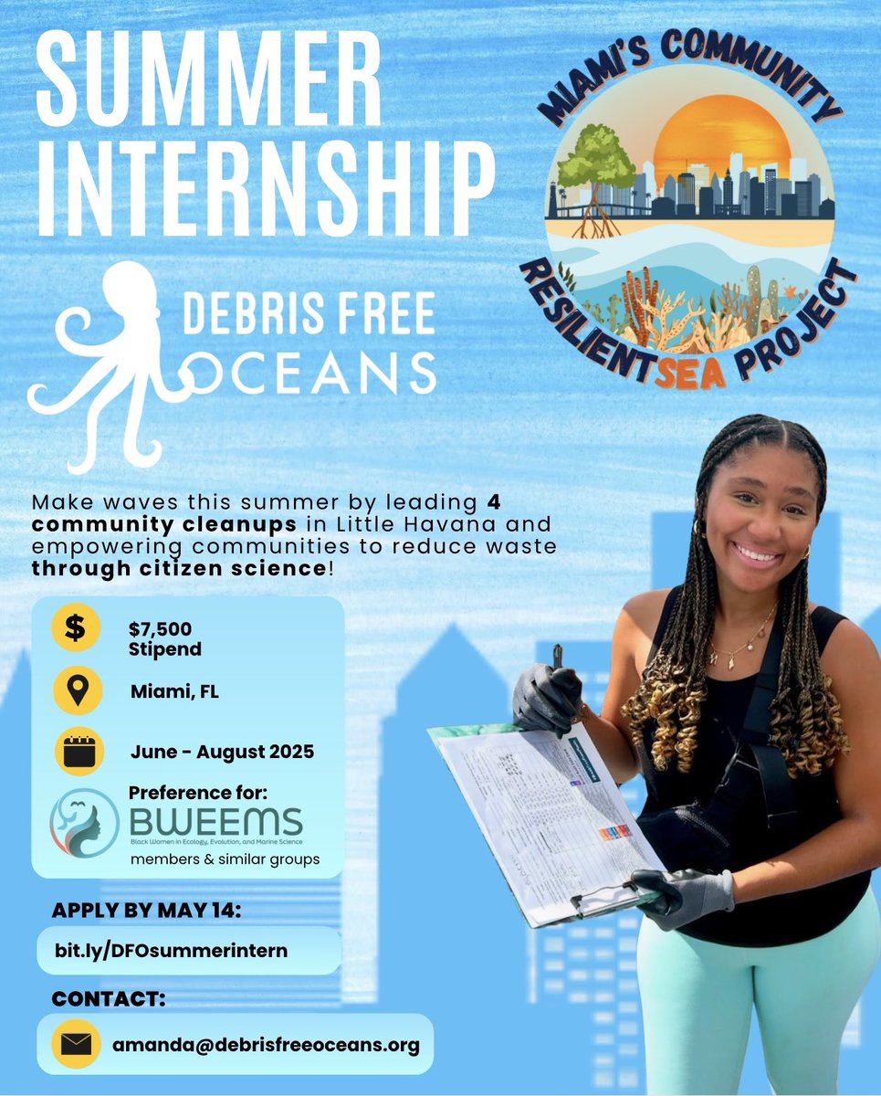 Debris Free Oceans (@dfoceans) on Twitter photo 🐙✨ Now Hiring: Summer Intern! ✨🐙
📍Miami | 💲$7,500 stipend | 🗓️June–Aug
Train locals on <a href="/noaadebris/">NOAA Marine Debris Program</a>, collect feedback, write real policy asks & collab w/ <a href="/rescueareef/">Rescue a Reef</a> @thecleoinstitute <a href="/frostscience/">Frost Science</a> @miamiwaterkeeper
🌱 Apply by 5/14: bit.ly/DFOsummerintern 🐙✨ Now Hiring: Summer Intern! ✨🐙
📍Miami | 💲$7,500 stipend | 🗓️June–Aug
Train locals on <a href="/noaadebris/">NOAA Marine Debris Program</a>, collect feedback, write real policy asks & collab w/ <a href="/rescueareef/">Rescue a Reef</a> @thecleoinstitute <a href="/frostscience/">Frost Science</a> @miamiwaterkeeper
🌱 Apply by 5/14: bit.ly/DFOsummerintern