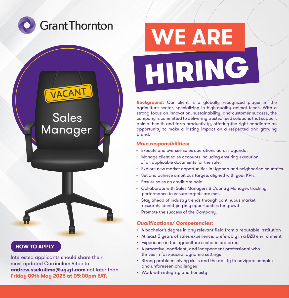GtUganda's tweet image. We&apos;re hiring a Sales Manager!
Join a global leader in agri-feed solutions and drive sales growth across Uganda. 5+ yrs B2B experience preferred.
Apply by May 9, 2025: andrew.ssekulima@ug.gt.com
#Hiring #SalesManager #Agribusiness #Uganda