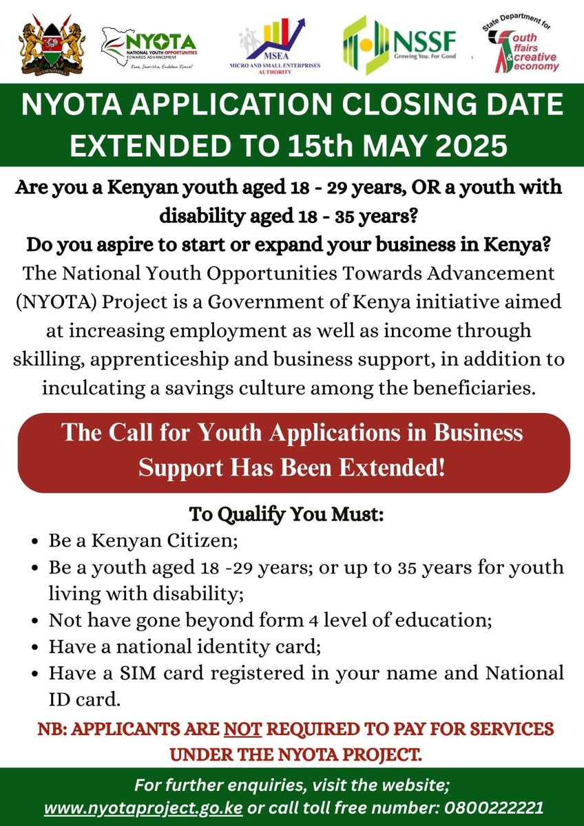 NYOTA_Kenya's tweet image. Attention to all Youth! The deadline for cycle 1 targeting business support has been extended to 15th May 2025.

Apply via *254# and select NYOTA Project option 3 to apply. Don't be left out. 
@Waziri_Mvurya @fikirini_jacobs @moyasa_ke @MSEA_Kenya

#KuzaImarishaEndelezaVijana