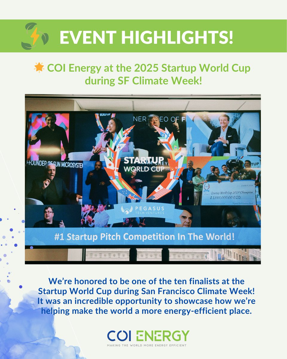 It was an honor to be one of the ten finalists at the Startup World Cup during SF Climate Week. This was an incredible opportunity to showcase how COI Energy is building a more energy-efficient future. 
#COIEnergy #StartupWorldCup #SFClimateWeek #EnergyEfficiency