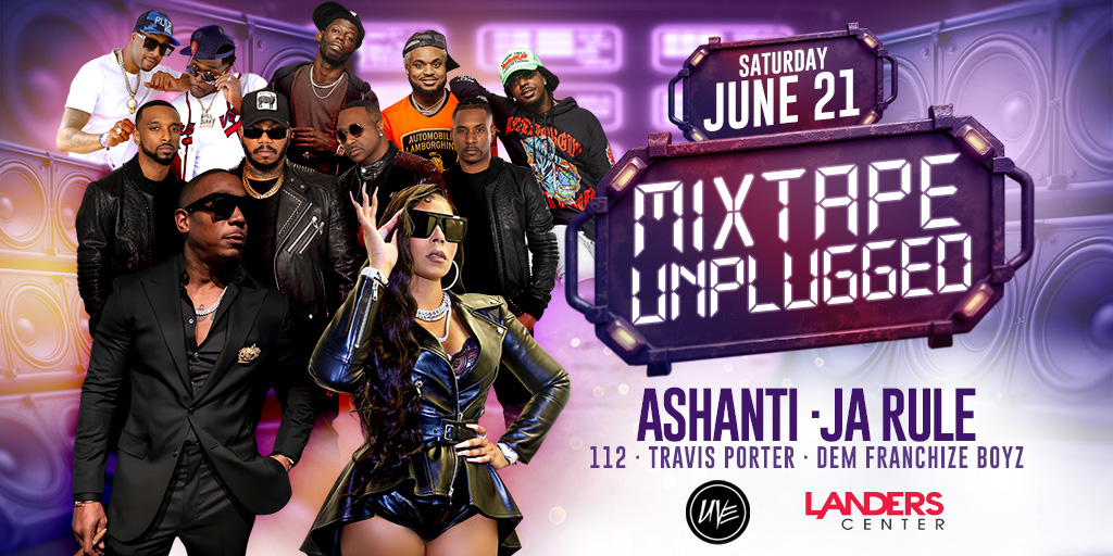 LandersCenter's tweet photo. JUST ANNOUNCED! @ashanti and @jarule bring the golden era of R&amp;B and hip-hop to Landers Center on June 21 with the Mixtape Unplugged tour! 🎤 Joining them for a night of non-stop nostalgia are 112, @TravisPorter, and Dem Franchize Boyz. Tickets on sale Friday, May 3 at 10 AM. https://t.co/317uiqn66r