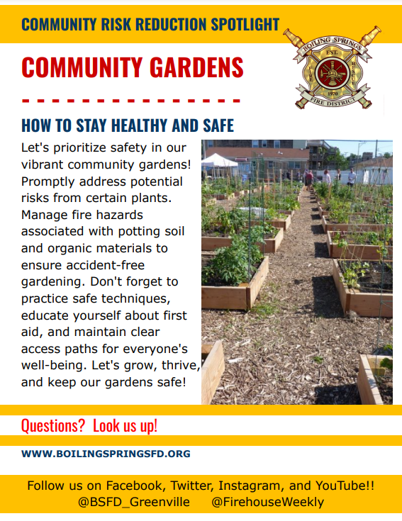 Community Garden Safety Starts with You!
Know emergency plans, ID harmful plants, manage fire risks, garden safely, follow rules, and keep paths clear.
Let’s grow safely—together.
#CommunityGardens #SafetyFirst #CommunityRiskReduction @bsfd_greenville