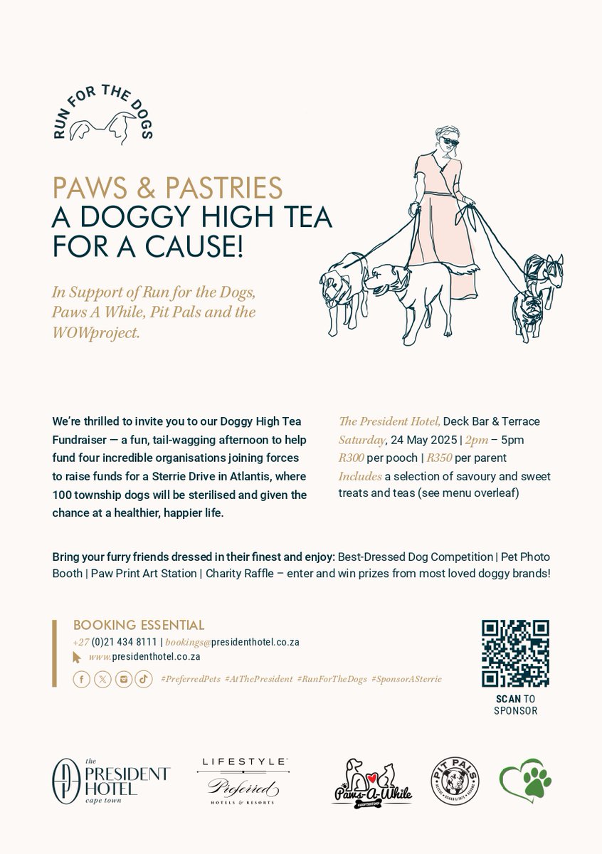 Paws &amp; Pastries
We're hosting a Doggy High Tea on 24 May to help sterilise 100 township dogs in Atlantis. Bring your furry friends for an afternoon of treats and purpose!
Proceeds support Run For the Dogs, Paws a While, Pit Pals and The WOWProject
WhatsApp: 071 368 9529 to book