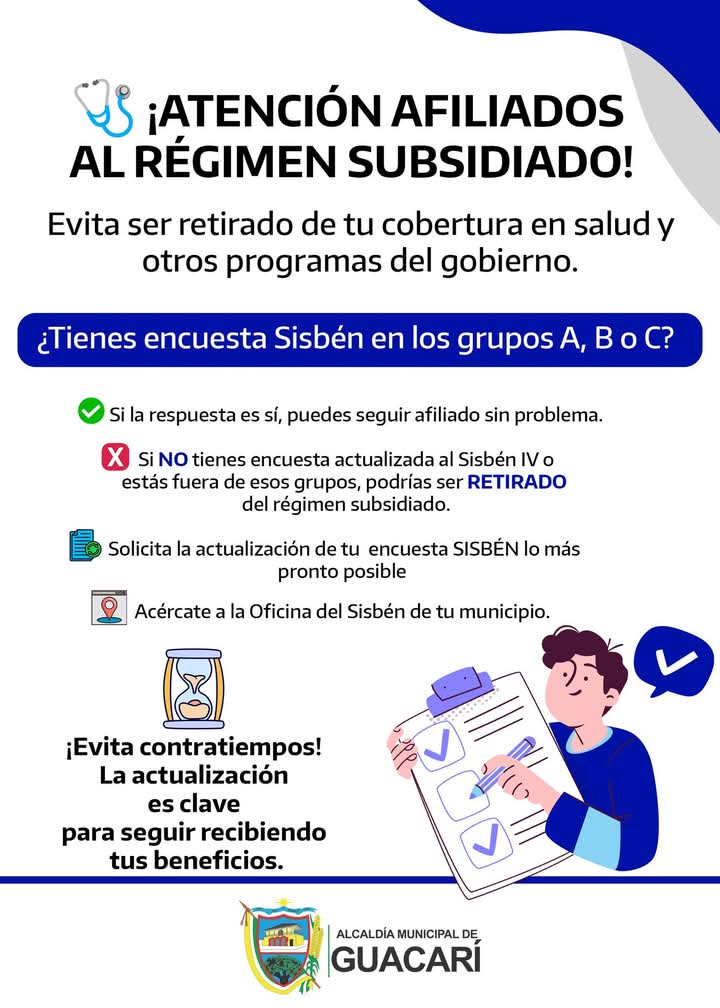Notapressco's tweet photo. Guacariceño si estás afiliado al régimen subsidiado en salud, asegúrate de tener actualizada tu encuesta del Sisbén IV en los grupos A, B o C.
 Si estás en estos grupos, no hay problema. Si no la tienes actualizada o estás fuera de esos grupos, podrías ser retirado del sistema. https://t.co/dlcoGLEoeQ