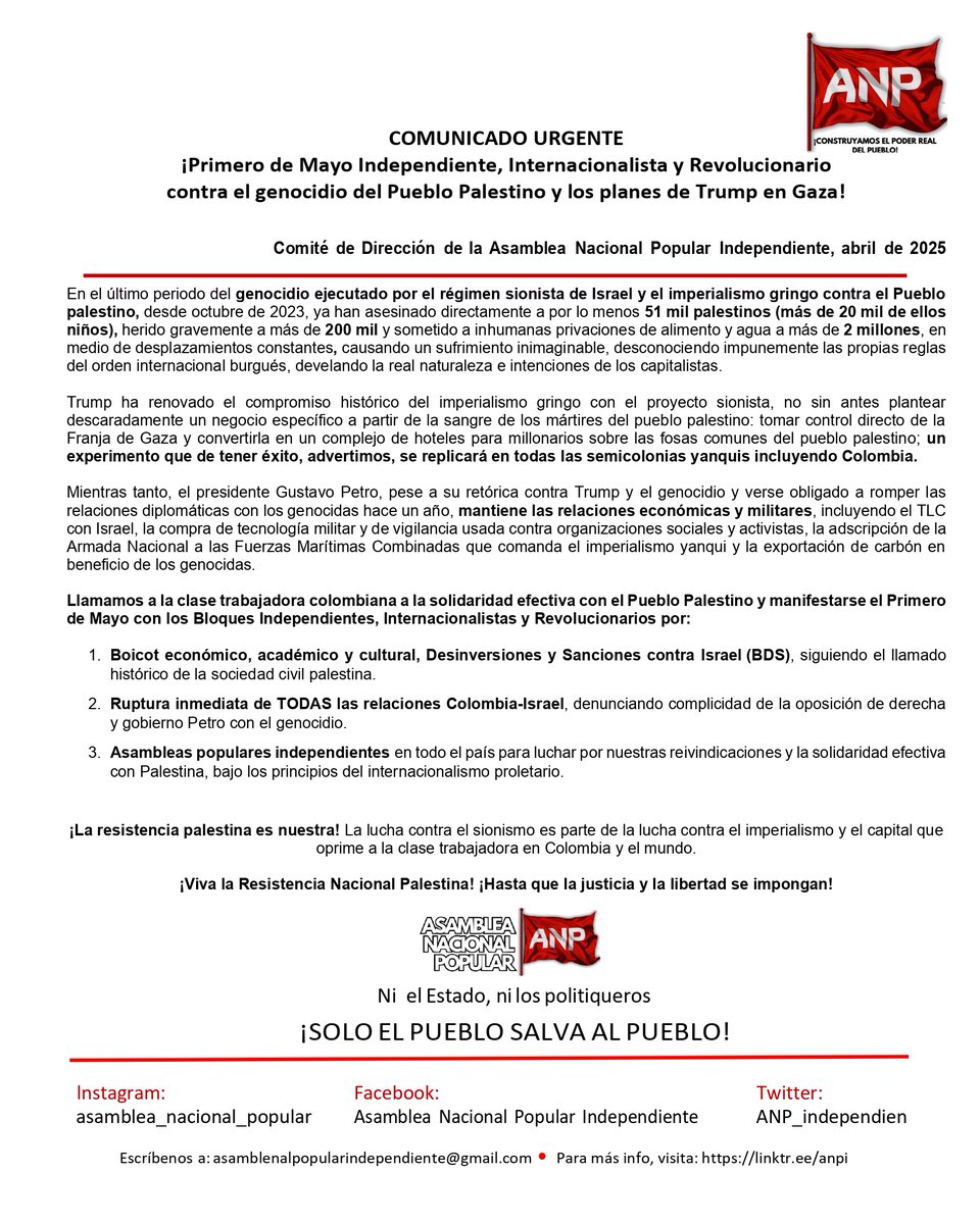 Salir a las calles este 1 Mayo en solidaridad con el pueblo palestino.

¡La resistencia palestina es nuestra! La lucha contra el sionismo es parte de la lucha contra el imperialismo y el capital que oprime a la clase trabajadora en Colombia y el mundo.