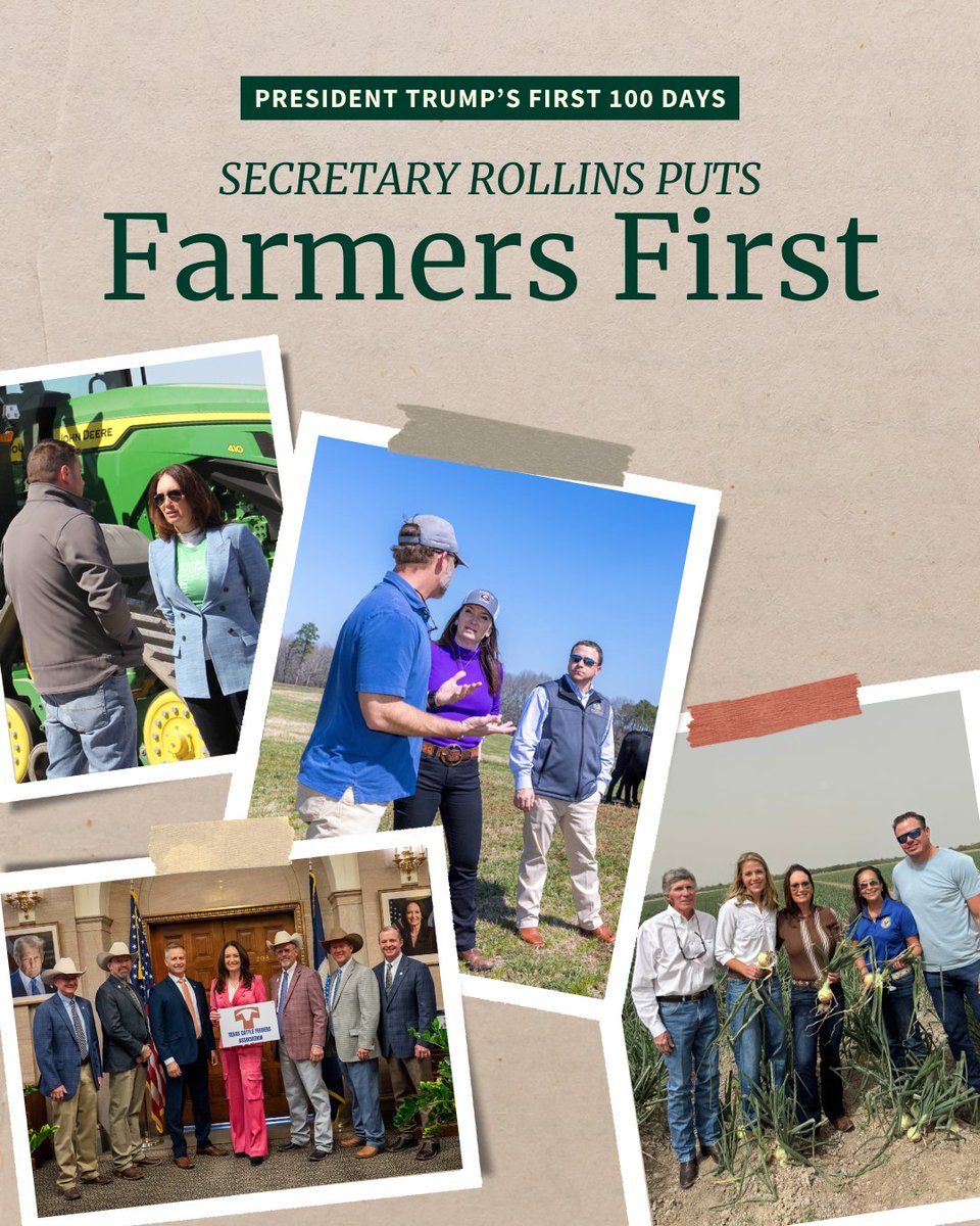 In the first 100 days of the Trump Administration, <a href="/SecRollins/">Secretary Brooke Rollins</a> has taken action to support <a href="/POTUS/">President Donald J. Trump</a>' leadership and put Farmers First at USDA, moving swiftly to advance key priorities focused on efficiency and agricultural prosperity ➡️ usda.gov/about-usda/new…