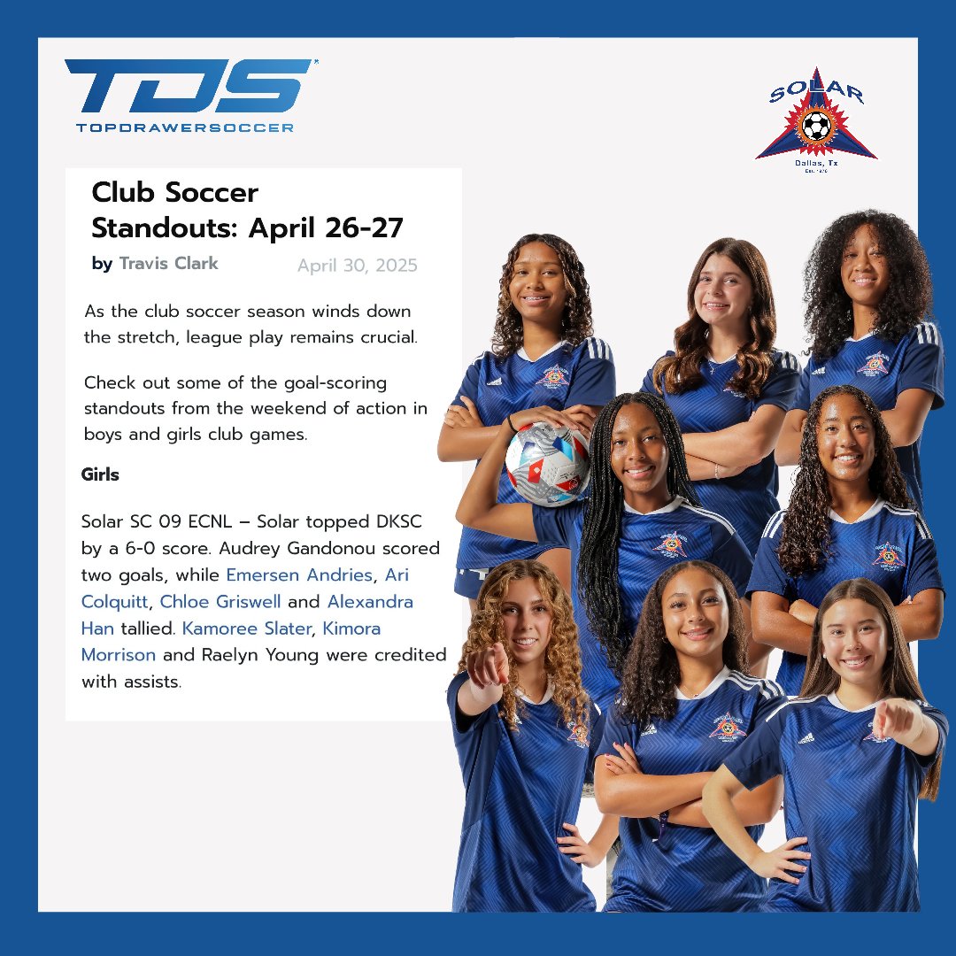Thank you <a href="/TopDrawerSoccer/">TopDrawerSoccer</a> <a href="/travismclark/">Travis Clark</a> for highlighting our players <a href="/audreyg_soccer/">Audrey</a> <a href="/emersen_andries/">Emersen Andries</a> <a href="/aricolquitt/">Ari Colquitt - 2027</a> <a href="/griswell_chloe/">Chloe Griswell</a> <a href="/AlexHan2027/">Alex Han</a> <a href="/KamoreeSlater/">Kamoree Slater</a> <a href="/Kimora14Athlete/">Kimora Morrison</a> <a href="/r_4elyn/">Rae Young</a> 

<a href="/SolarSoccerClub/">Solar Soccer Club</a> 
<a href="/ECNLgirls/">ECNL Girls</a>
<a href="/soccerwire/">soccerwire</a>
<a href="/PrepSoccer/">Prep Soccer ⚽️</a> 
<a href="/PrepSoccerTX/">Prep Soccer Texas</a>
<a href="/ImYouthSoccer/">ECNL/GA/Recruiting/College Soccer</a>