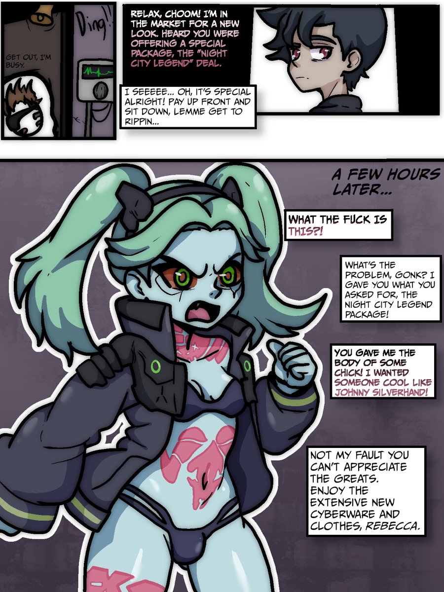 Broth_NSFW 🔞 (COMMS CLOSER) (@broth_nsfw) on Twitter photo A Cyberpunk comic where a guy goes to his local ripperdoc for a new look. Luckily that doc has a special deal going on, where he’ll fully decked you out with the look and cyberware of a famous night city legend! He really should have been specific as to which legend he wanted… A Cyberpunk comic where a guy goes to his local ripperdoc for a new look. Luckily that doc has a special deal going on, where he’ll fully decked you out with the look and cyberware of a famous night city legend! He really should have been specific as to which legend he wanted…