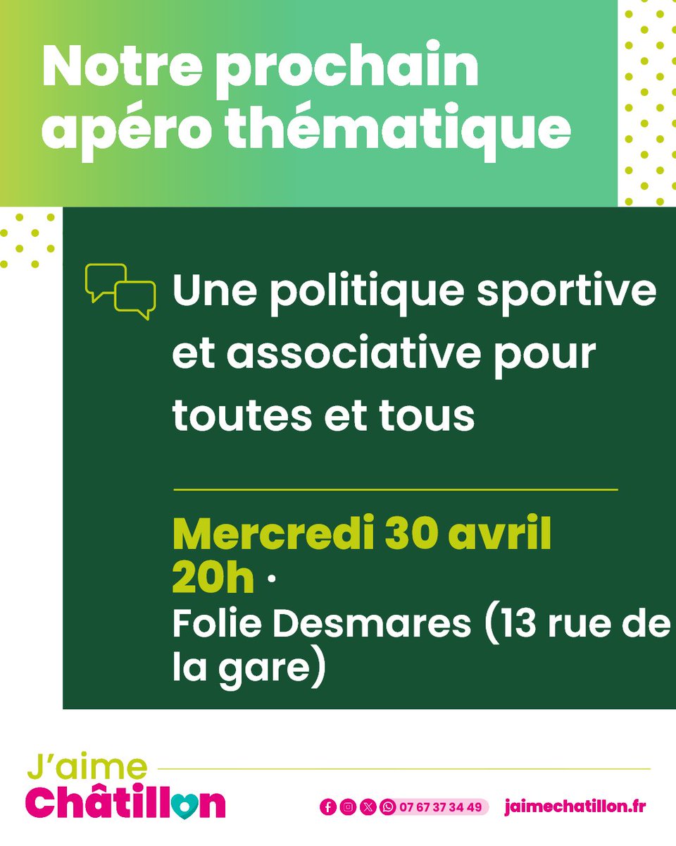 JaimeChatillon's tweet photo. RAPPEL ce soir : Nadège Azzaz, Maire de #chatillon et toute l'équipe de #jaimechatillon vous invitent à notre prochain apéro thématique le Mercredi 30 avril à partir de 20h00 salle Folie Desmares Une politique sportive et associative pour toutes et tous  
#aperochatillon https://t.co/UOEVOOfOmc
