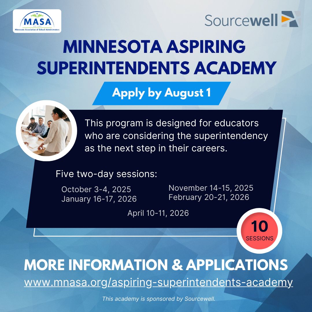 Now Accepting Applications! The 2025–26 MASA Aspiring Superintendents Academy is a dynamic, in-person program designed to support your next leadership step:  mnasa.org/aspiring-super…. This academy is sponsored by Sourcewell. #mnMASA #leadership #superintendents #minnesota