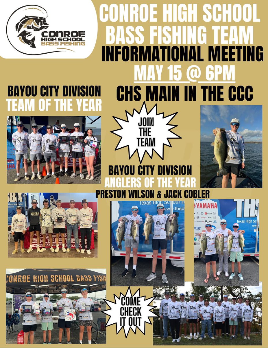 Stockton Junior High, Conroe ISD (@stocktoncisd) on Twitter photo Att new 9th graders interested in joining the CHS Bass Fishing Team. Please attend our meeting for parents and anglers on 5/15 at 6:00 pm at CHS main campus. Contact Jamie Wilson
<a href="/CarltonTodd5/">Carlton Todd</a> <a href="/NewSchoolAP1/">Anita Bundage</a> <a href="/Tasha_Smith78/">Tasha Smith</a> Att new 9th graders interested in joining the CHS Bass Fishing Team. Please attend our meeting for parents and anglers on 5/15 at 6:00 pm at CHS main campus. Contact Jamie Wilson
<a href="/CarltonTodd5/">Carlton Todd</a> <a href="/NewSchoolAP1/">Anita Bundage</a> <a href="/Tasha_Smith78/">Tasha Smith</a>