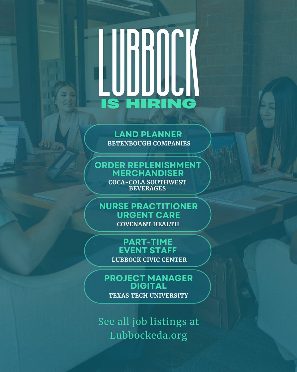 Lubbock is hiring 🚨 

Looking to grow your career in Lubbock? Check out these jobs &amp; more on our website: lubbockeda.org/working-in-lub…

#lubbock #jobsearch #jobseekers #careerchange #careersearch #jobsinlubbock #careersinlubbock #workinlubbock
 
<a href="/TTUCareers/">TTU Career Center🌵</a> <a href="/CocaCola/">Coca-Cola</a> <a href="/CovenantHealth/">CovenantHealth</a>