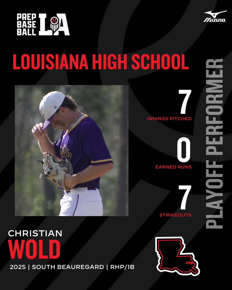 Prep Baseball Louisiana (@prepbaseballla) on Twitter photo ⭐️ 𝗣𝗹𝗮𝘆𝗼𝗳𝗳 𝗣𝗲𝗿𝗳𝗼𝗿𝗺𝗲𝗿
<a href="/LCU_bsb/">LCU Baseball</a> commit ‘25 Christian Wold (South Beauregard) tossed a CG no-hitter in Game 2 of the Golden Knights regional round playoff series and also hit at a .450 clip on the weekend.
Read more on his performance and other top performers from ⭐️ 𝗣𝗹𝗮𝘆𝗼𝗳𝗳 𝗣𝗲𝗿𝗳𝗼𝗿𝗺𝗲𝗿
<a href="/LCU_bsb/">LCU Baseball</a> commit ‘25 Christian Wold (South Beauregard) tossed a CG no-hitter in Game 2 of the Golden Knights regional round playoff series and also hit at a .450 clip on the weekend.
Read more on his performance and other top performers from
