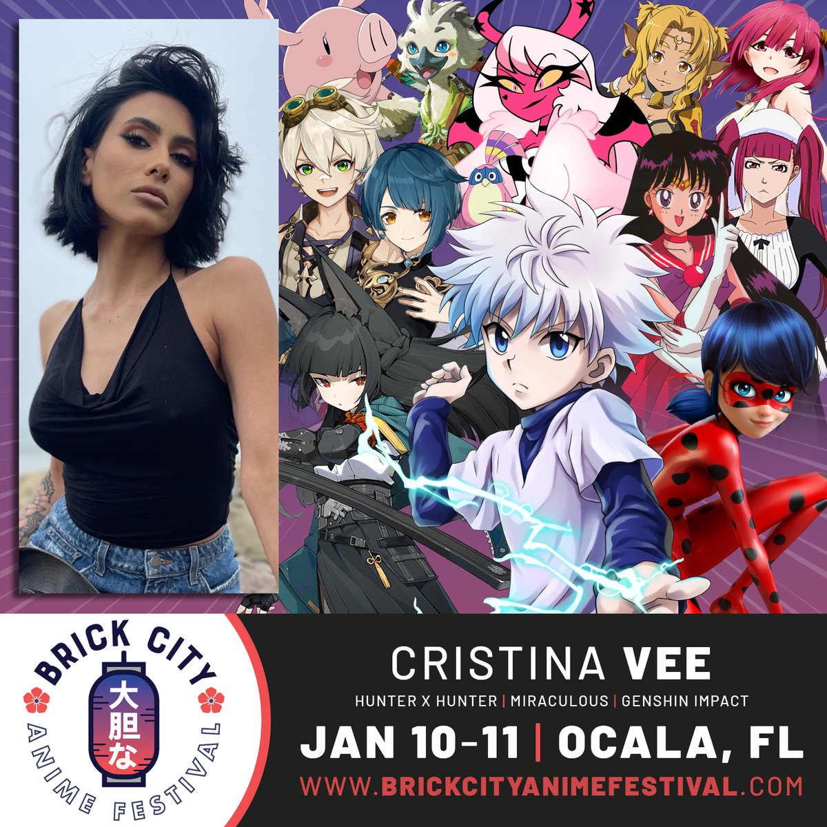 Cristina Vee will be a guest at the January 10th-11th, 2026 Brick City Anime Festival at the World Equestrian Center in Ocala, FL!

Known for her roles as Killua Zoldyck on #HunterXHunter, Marinette on #Miraculous, Bennett &amp; Xingqiu on #GenshinImpact, and so many others!