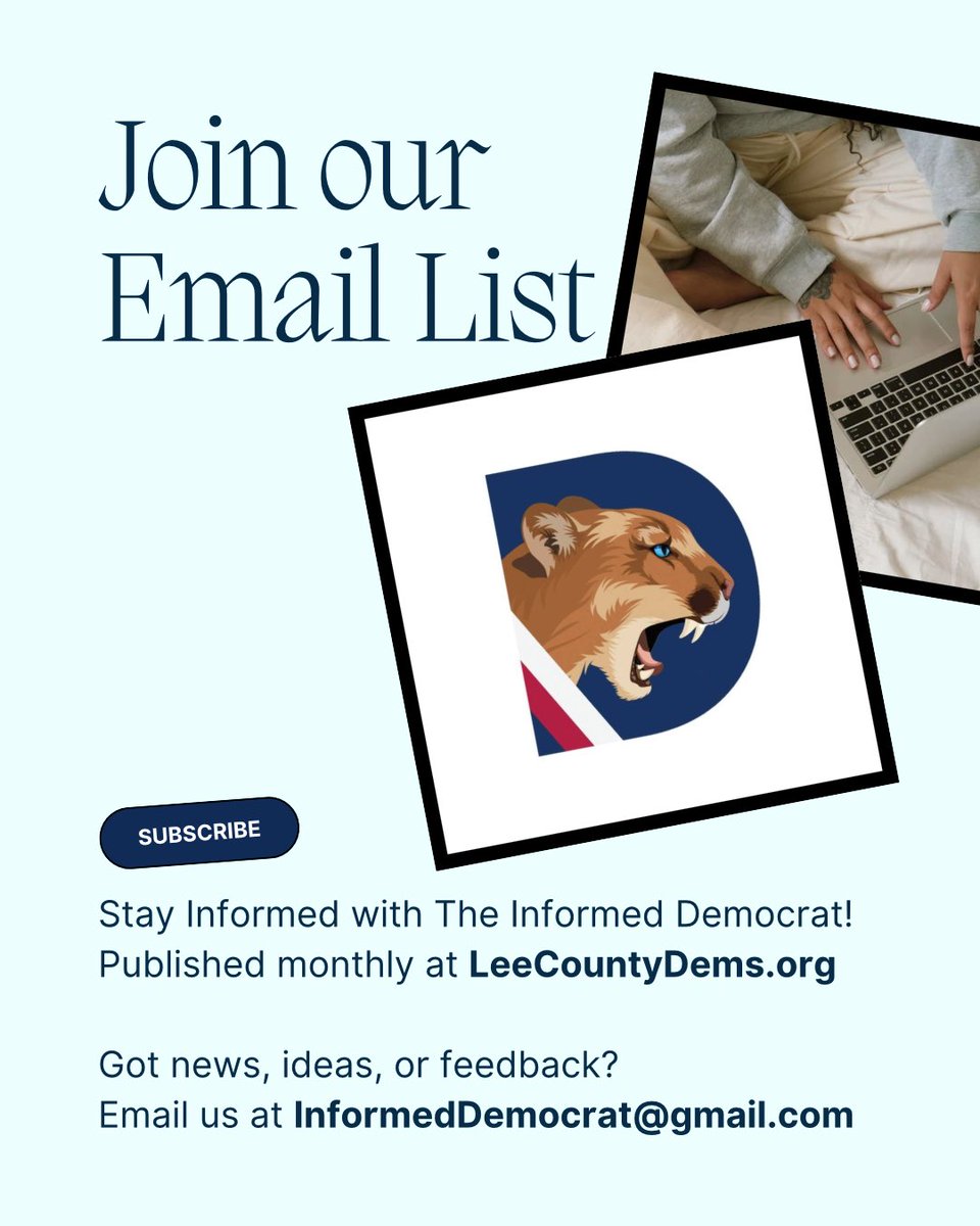 LeeCountyDems (@leecountydems) on Twitter photo 📬 Want to stay in the loop with Lee County Democrats?
Get updates, events, and actions straight to your inbox!
👉 Subscribe here: lp.constantcontactpages.com/su/T3k9MRL
🖋️📸 Want to volunteer as a writer/photographer covering local events?
Hit us up at InformedDemocrat@gmail.com 📬 Want to stay in the loop with Lee County Democrats?
Get updates, events, and actions straight to your inbox!
👉 Subscribe here: lp.constantcontactpages.com/su/T3k9MRL
🖋️📸 Want to volunteer as a writer/photographer covering local events?
Hit us up at InformedDemocrat@gmail.com