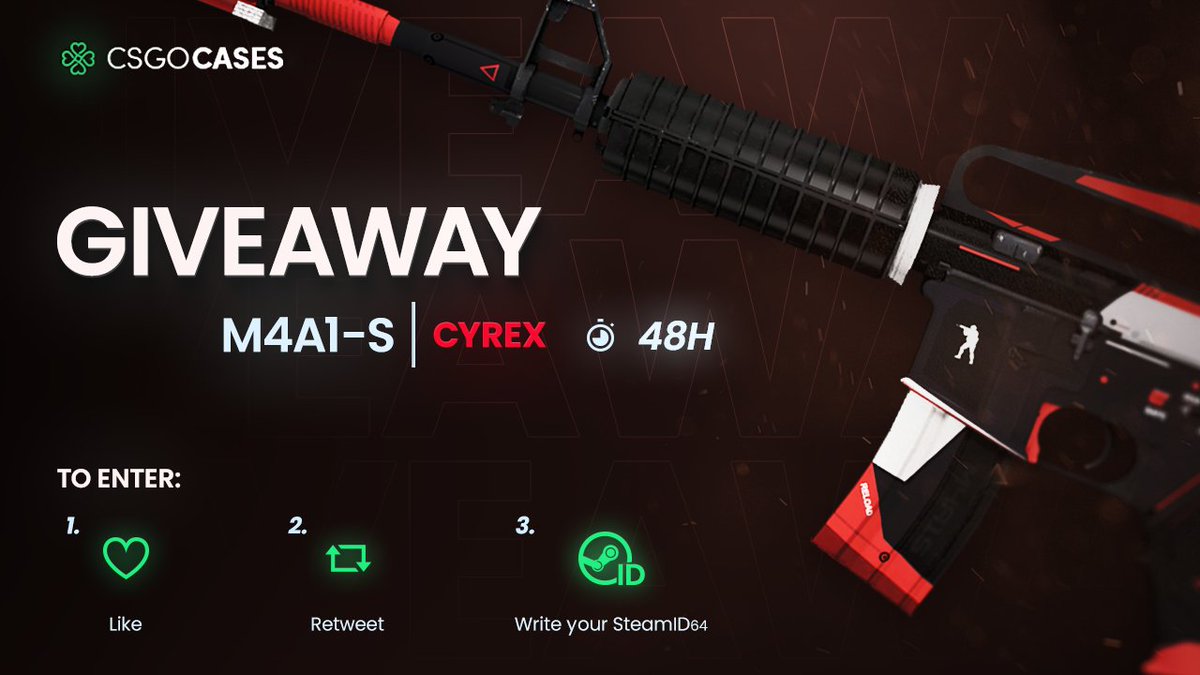 💥M4A1-S | Cyrex (FT) GIVEAWAY💥

How to Enter: 
💗Like
🔁Retweet
✍️Write your SteamID64

🎁Winner will be announced after 48h⏰

#cs2giveaways #cs2skins #csgocases #cs2skinsgiveaway #cs2community #giveaway #CS2Giveaway #CS2 #CounterStrike2 #CS2