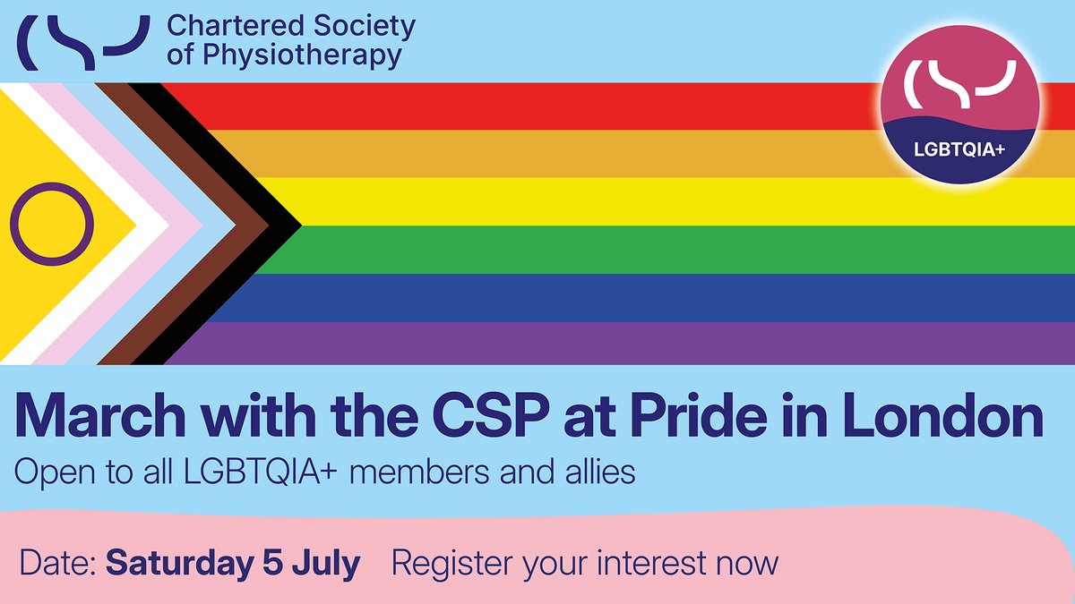 Chartered Society of Physiotherapy (CSP) (@thecsp) on Twitter photo We’re attending Pride London on 5 July, and we’re inviting LGBTQIA+ members and allies to march with us!
Express your interest in joining us through this form: bit.ly/4bETJ6a
<a href="/csplgbtqia/">CSP LGBTQIA+ Network 🏳️🌈⚧🏳️⚧️</a> We’re attending Pride London on 5 July, and we’re inviting LGBTQIA+ members and allies to march with us!
Express your interest in joining us through this form: bit.ly/4bETJ6a
<a href="/csplgbtqia/">CSP LGBTQIA+ Network 🏳️🌈⚧🏳️⚧️</a>