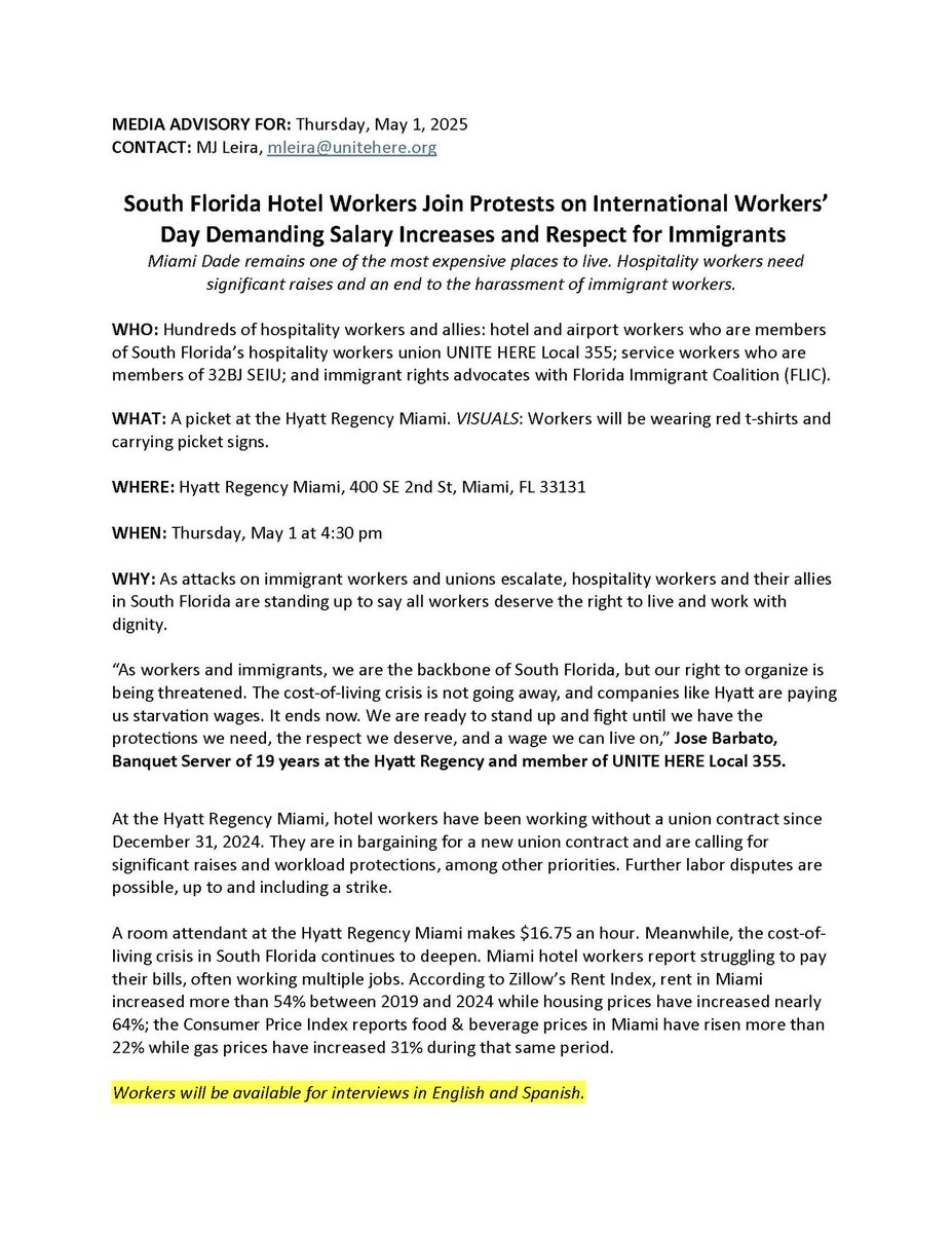 UNITEHERE_SoFla's tweet image. South Florida Hotel Workers Join Protests on International Workers’ Day Demanding Salary Increases and Respect for Immigrants
Miami Dade remains one of the most expensive places to live. Hospitality workers need significant raises & an end to the harassment of immigrant workers.