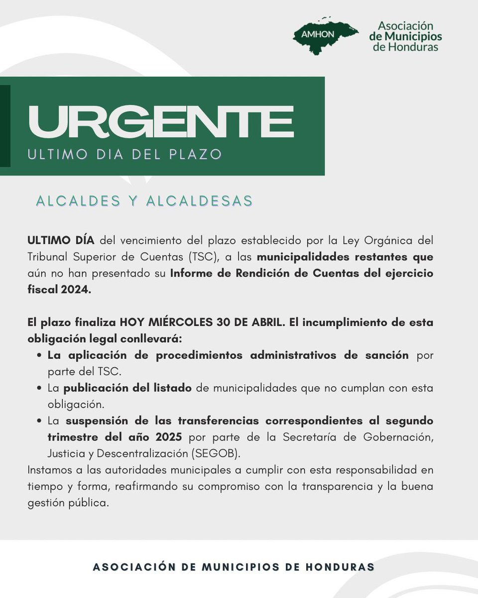 ÚLTIMO DÍA del vencimiento del plazo establecido por el Tribunal Superior de Cuentas Honduras - TSC. 

#AMHON #amhonenacción #NelsonCastellanos