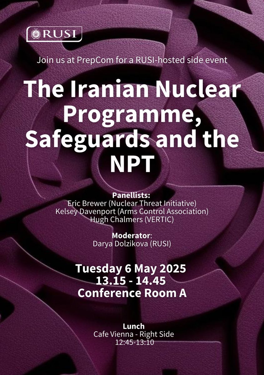 RUSI (@rusi_org) on Twitter photo 📅Join RUSI and our outstanding panellists at 2025 PrepCom for a side event on the Iran nuclear file and implications for the NPT and broader non-proliferation efforts. More details below.
CC: <a href="/ArmsControlNow/">Arms Control Assoc</a>, <a href="/NTI_WMD/">NTI</a>, <a href="/vertic_org/">VERTIC</a>, <a href="/BrewerEricM/">Eric Brewer</a>, <a href="/DDolzikova/">Darya Dolzikova</a> 📅Join RUSI and our outstanding panellists at 2025 PrepCom for a side event on the Iran nuclear file and implications for the NPT and broader non-proliferation efforts. More details below.
CC: <a href="/ArmsControlNow/">Arms Control Assoc</a>, <a href="/NTI_WMD/">NTI</a>, <a href="/vertic_org/">VERTIC</a>, <a href="/BrewerEricM/">Eric Brewer</a>, <a href="/DDolzikova/">Darya Dolzikova</a>