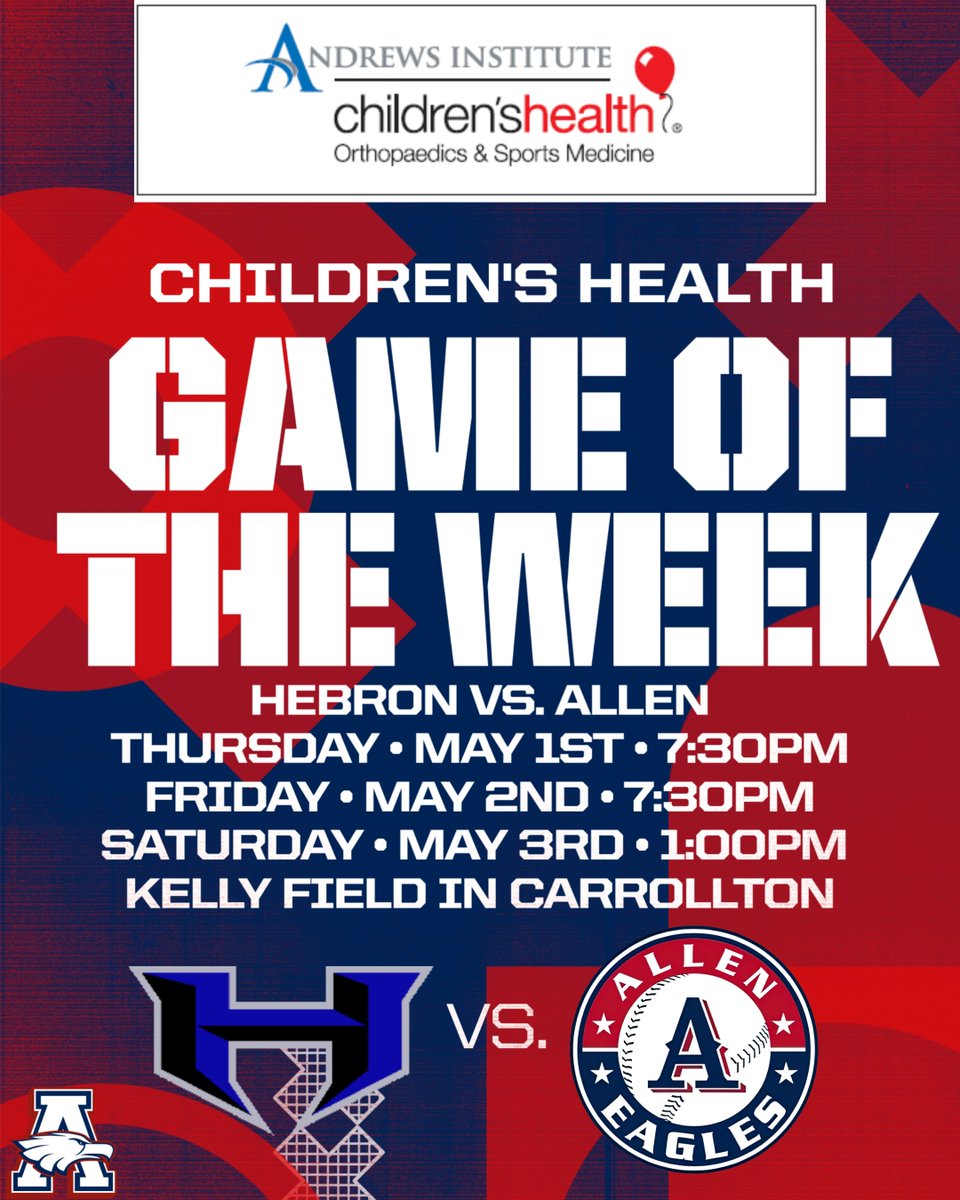 Allen ISD Athletics (@alleneaglesath) on Twitter photo Our Children’s Health Game of the Week is the
<a href="/allen_baseball/">Eagles Baseball</a> Bi-District Playoff Series vs. Hebron! Come on out and cheer on our Eagles as they start their playoff run!! <a href="/childrens/">Children's Health</a> <a href="/Allen_ISD/">Allen ISD</a> Our Children’s Health Game of the Week is the
<a href="/allen_baseball/">Eagles Baseball</a> Bi-District Playoff Series vs. Hebron! Come on out and cheer on our Eagles as they start their playoff run!! <a href="/childrens/">Children's Health</a> <a href="/Allen_ISD/">Allen ISD</a>