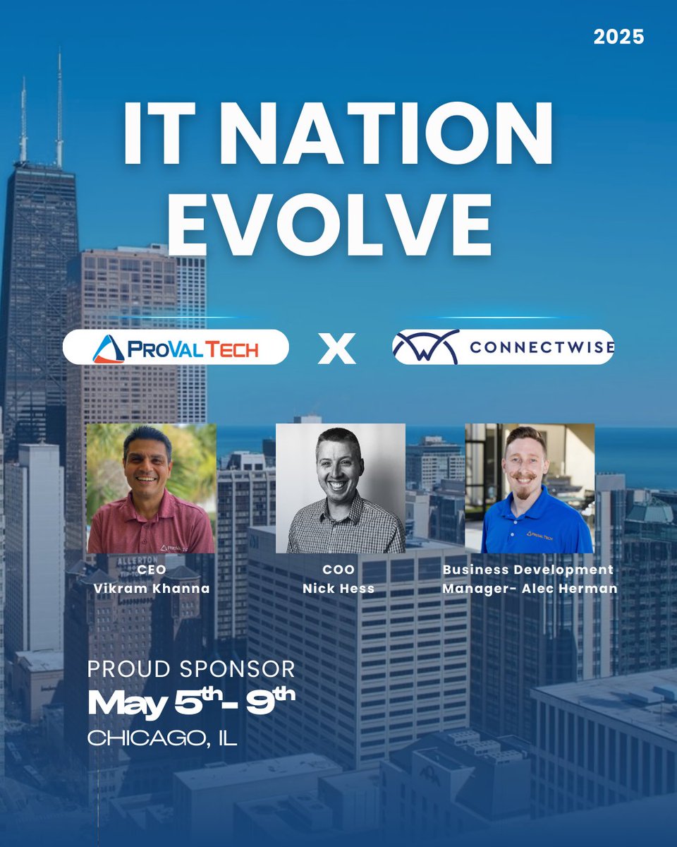 provaltech's tweet image. ProVal Tech will be in Chicago next week for IT Nation Evolve 2025!
Our team is looking forward to connecting with you.
Will you be there?
#ProValTech #ITNationEvolve #MSPCommunity #ConnectWise