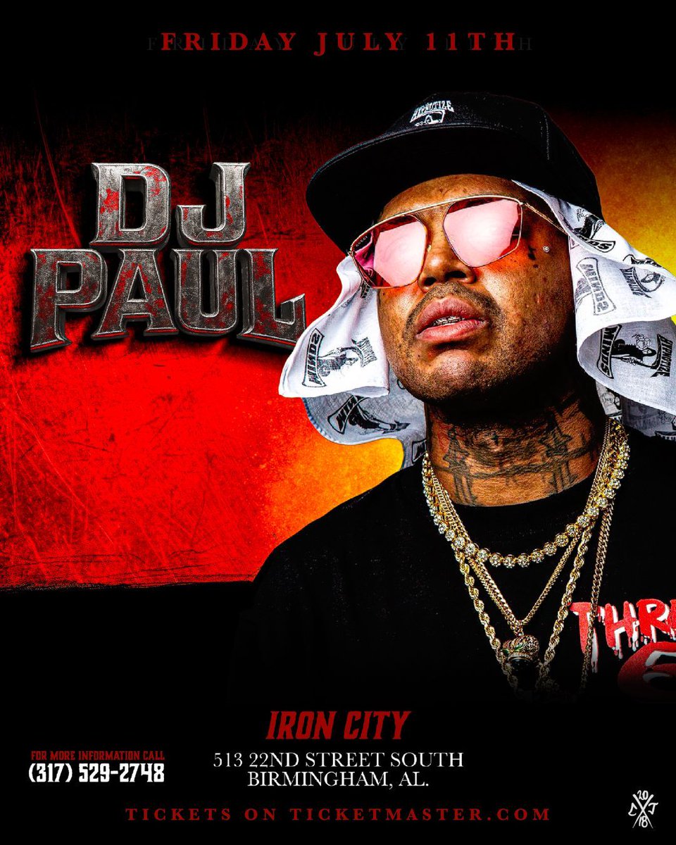 👉 DJ Paul of the legendary Three 6 Mafia is coming to Iron City on 7.11! 🎟️ Tickets go on sale this Friday at 10am. You already know he's going to Tear da Club Up! 🔥