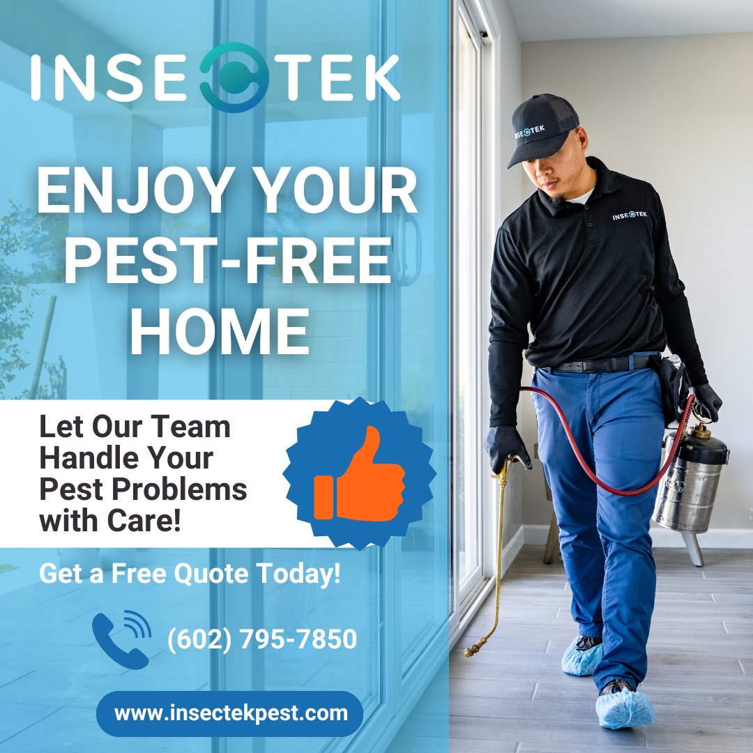 INSECTEKPEST's tweet image. Our Customized Pest Solutions are tailored to your unique needs, ensuring your home stays pest-free all year round.
Call us today for a FREE quote!
#PestControl #CustomSolutions #InsectekPestControl #PestFreeLiving #HomeProtection
#Insectek  #insects #bedbugs #rodentcontrol