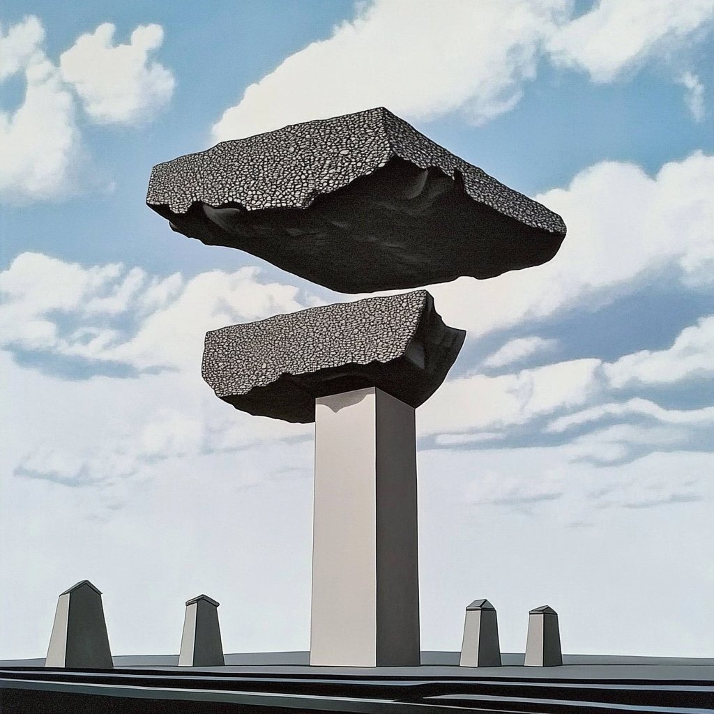 Evasanter's tweet photo. In 'Ethereal Balance,' shadows guard secrets of dreamscapes. Between stone and sky, reality whispers its ethereal tales. What lies beyond the ordinary? 🔮 #Surrealism #ArtReflection #EtherealBalance https://t.co/vWFVWS0KK8