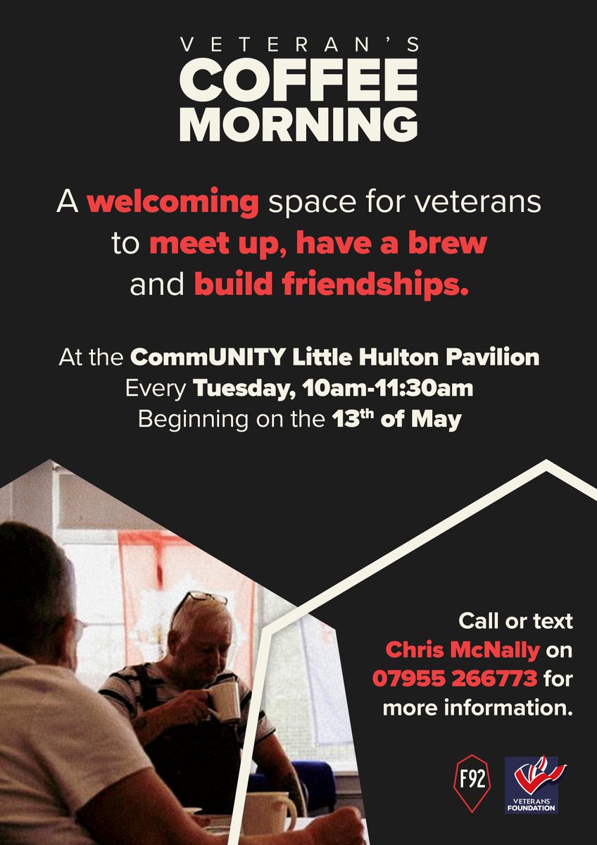Foundation 92 (@foundation92) on Twitter photo Veteran's Coffee Morning! 🙌
A new space for veterans to meet up, have a brew and build friendships.
Join us from the 13th of May every Tuesday at 10am, down at the CommUNITY Little Hulton Pavilion ☕️
<a href="/1stCentral/">1st Central</a> | <a href="/VeteransFdn/">Veterans’ Foundation</a> Veteran's Coffee Morning! 🙌
A new space for veterans to meet up, have a brew and build friendships.
Join us from the 13th of May every Tuesday at 10am, down at the CommUNITY Little Hulton Pavilion ☕️
<a href="/1stCentral/">1st Central</a> | <a href="/VeteransFdn/">Veterans’ Foundation</a>