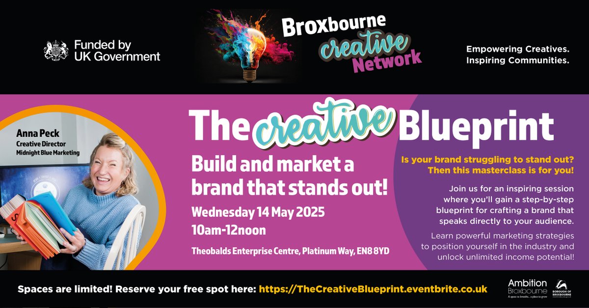 BroxbourneBC's tweet photo. Broxbourne Creative Network presents: The Creative Blueprint 🎨

Get a step-by-step blueprint for crafting a brand that speaks directly to your audience!

📅 Wednesday 14 May
📌 Theobalds Enterprise Centre, Platinum Way, EN8 8YD

Book: https://t.co/WzBJTUAw6T https://t.co/pjuJtOEUTX