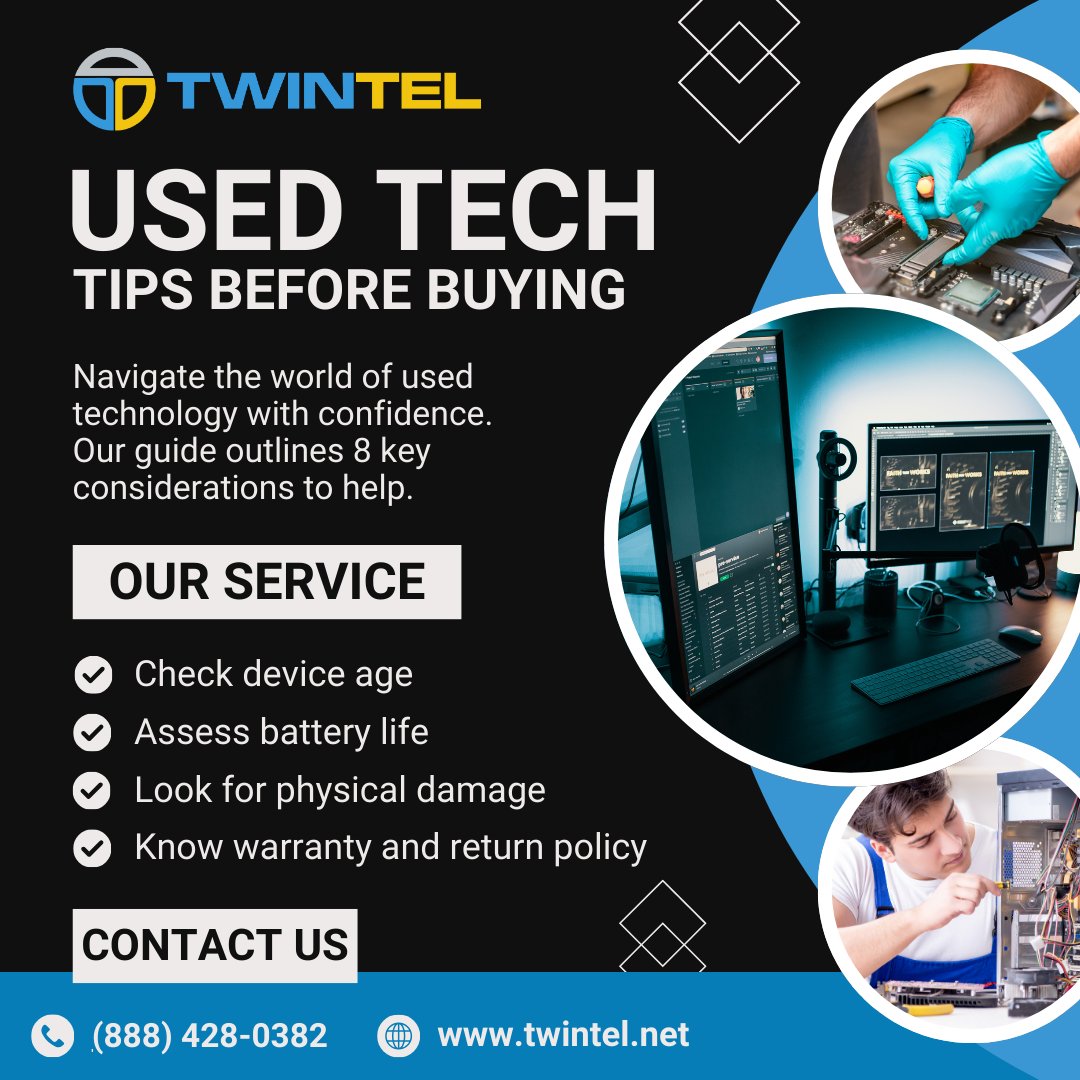 TWINTEL's tweet image. Thinking about buying used tech? Don&apos;t miss our 8 crucial considerations to ensure you&apos;re making a smart investment. 

Visit us to learn more: ow.ly/YHWX50VKfkK

#UsedTech #SmartShopping #TechTips