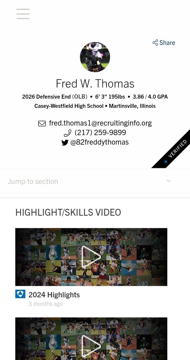 Freddy Thomas (@82freddythomas) on Twitter photo Proud to share my NCSA profile!!
Looking forward to future connections.
βrecruit-match.ncsasports.org/clientrms/athlβ¦
Includes: Film, Stats, Academic, Contact Info
<a href="/AndrewBementUTC/">Andrew Bement</a>
<a href="/Coach_Gus/">Kenny-Ray Augustus</a>
<a href="/COACHCOFFER/">COACH COLLIN COFFER</a>
<a href="/CoachDrixNCSA/">Coach Driscoll (NCSA Football Recruiting Coach)</a>
<a href="/CoachWShafer/">Wolf Shafer</a>
<a href="/DeepDishFB/">DEEP DISH FOOTBALL</a>
<a href="/FBCoachHale/">Logan Hale</a>
<a href="/FBCoachMitch/">Coach Alex Mitchell</a>
<a href="/Joe_Seymour26/">Joe Seymour</a> Proud to share my NCSA profile!!
Looking forward to future connections.
βrecruit-match.ncsasports.org/clientrms/athlβ¦
Includes: Film, Stats, Academic, Contact Info
<a href="/AndrewBementUTC/">Andrew Bement</a>
<a href="/Coach_Gus/">Kenny-Ray Augustus</a>
<a href="/COACHCOFFER/">COACH COLLIN COFFER</a>
<a href="/CoachDrixNCSA/">Coach Driscoll (NCSA Football Recruiting Coach)</a>
<a href="/CoachWShafer/">Wolf Shafer</a>
<a href="/DeepDishFB/">DEEP DISH FOOTBALL</a>
<a href="/FBCoachHale/">Logan Hale</a>
<a href="/FBCoachMitch/">Coach Alex Mitchell</a>
<a href="/Joe_Seymour26/">Joe Seymour</a>