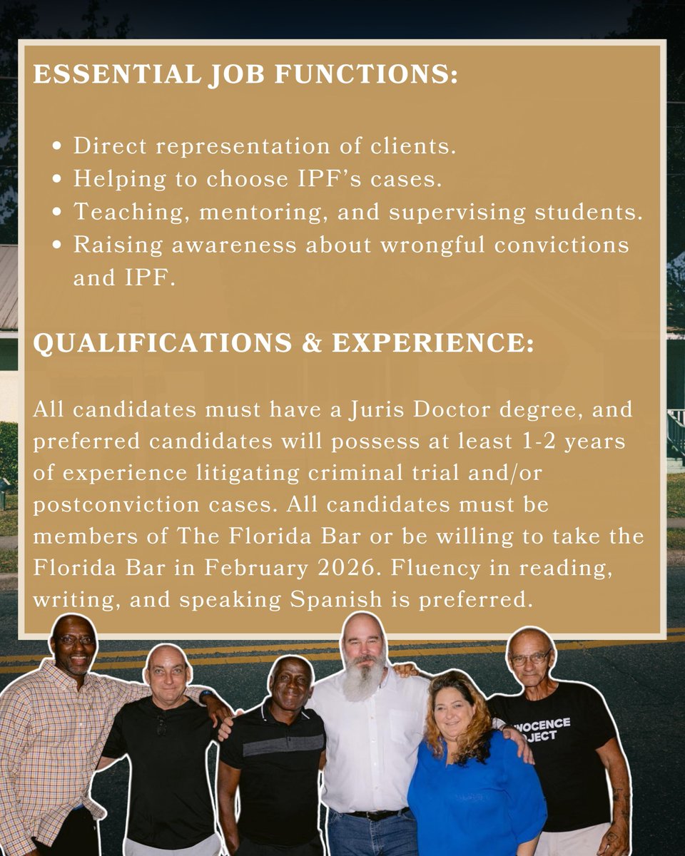 📣 We're Hiring!  

We're seeking a Staff Attorney with a strong commitment to social justice to make a direct impact in the lives of individuals who have been imprisoned for crimes they did not commit.  

🔗: floridainnocence.org/employment