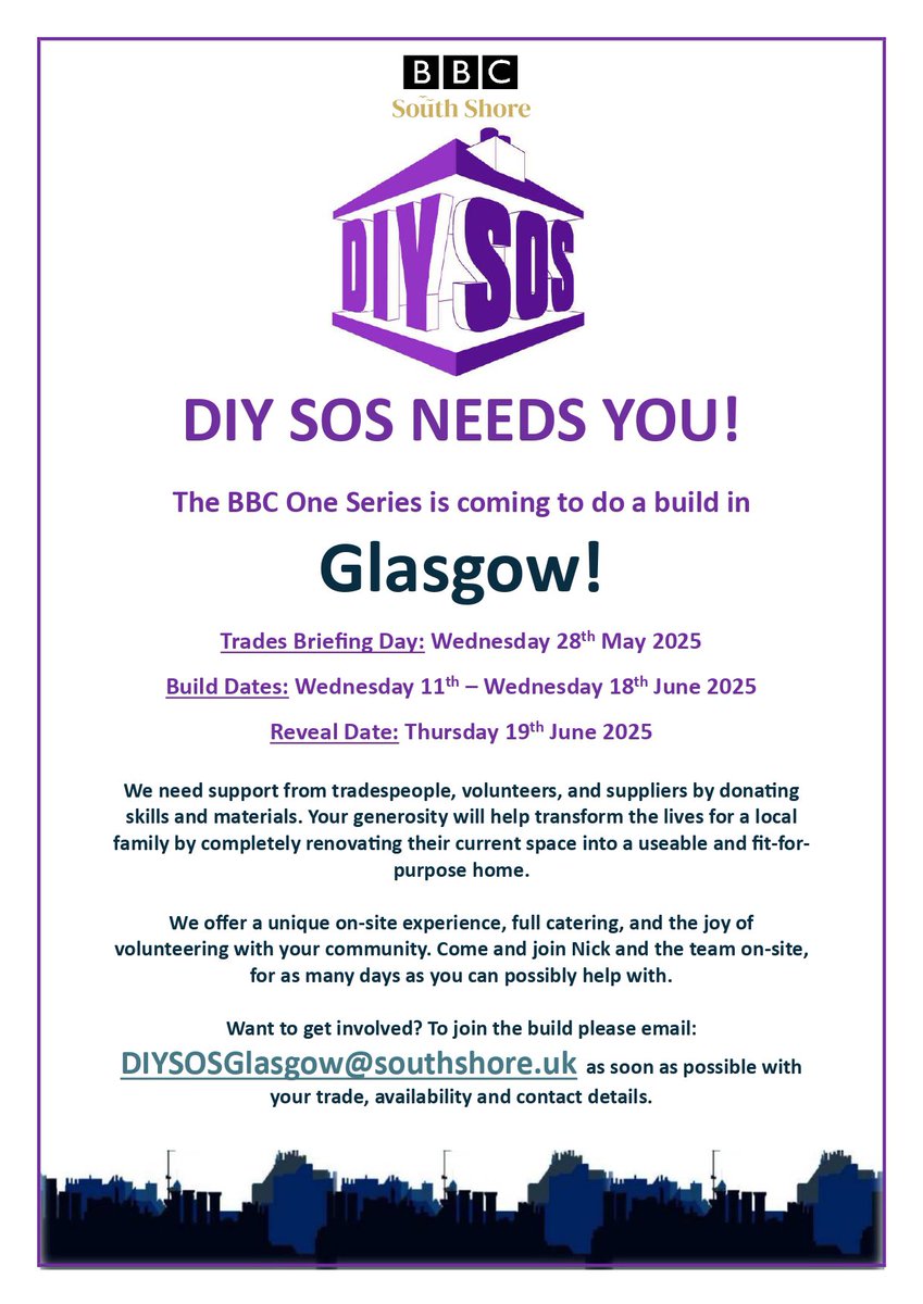 DIY SOS (@diysos) on Twitter photo DIY SOS is coming to Newton Mearns, Glasgow!
Are you a trade, volunteer or supplier and want to get involved in an amazing cause? Please get in touch with our team at diysosglasgow@southshore.uk.
The build starts on Wednesday 11th and runs through to Thursday 19th June 2025. DIY SOS is coming to Newton Mearns, Glasgow!
Are you a trade, volunteer or supplier and want to get involved in an amazing cause? Please get in touch with our team at diysosglasgow@southshore.uk.
The build starts on Wednesday 11th and runs through to Thursday 19th June 2025.