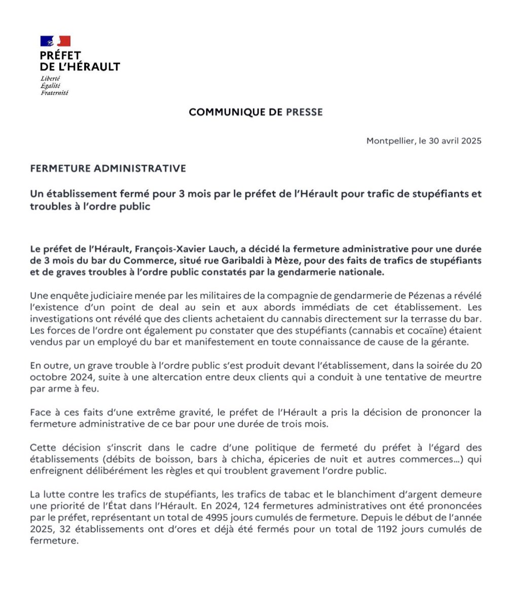 Image de Préfet de l'Hérault - 👮♂️3 mois de fermeture administrative décidées par le préfet de l'#Hérault pour le bar du commerce