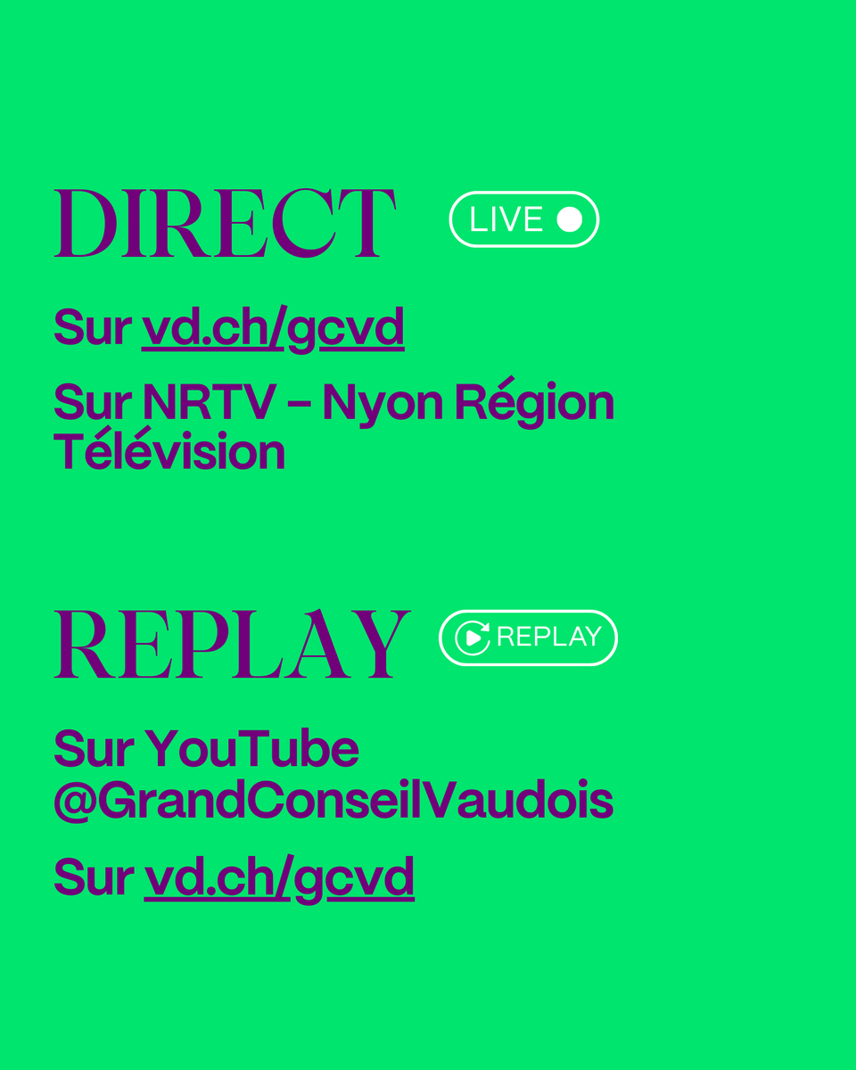 EtatdeVaud's tweet photo. [GRAND CONSEIL] Suivez les débats du Grand Conseil 

⏺️ Diffusion en direct sur https://t.co/ityngObQHz (via Sonomix) et la chaîne NRTV

⏯️ Rediffusions disponibles dès le lendemain sur YouTube : 
https://t.co/56LqIN7RgO et sur https://t.co/ioyb2EF30R 

#GCVD https://t.co/SiThKRDEr3