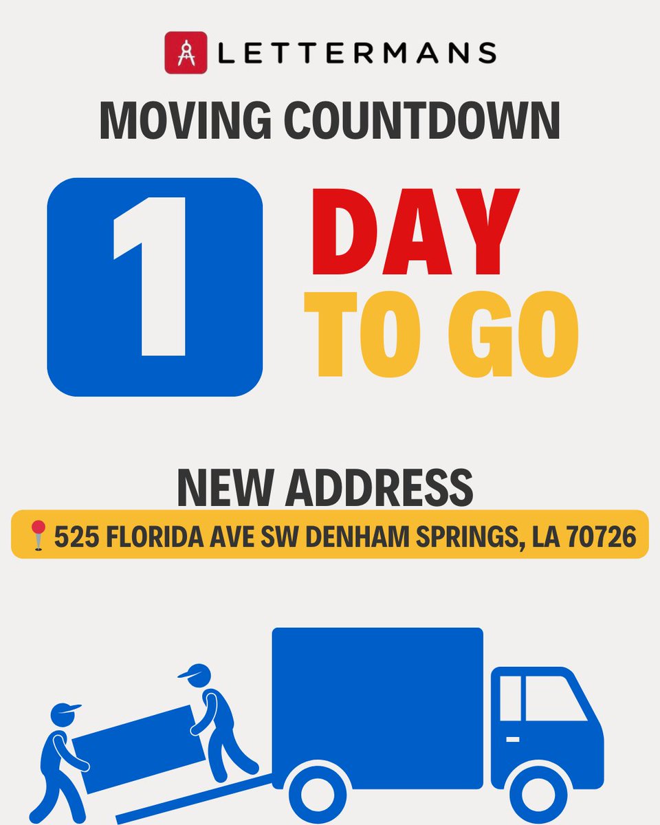 Lettermans's tweet photo. One more day!

We’re officially opening TOMORROW at our new location — but we’re still taking orders through our website and email.

Same great service, just a brand new space!

New Address:
📍525 Florida Ave SW Denham Springs, LA 70726 https://t.co/8ZuisnYpdr