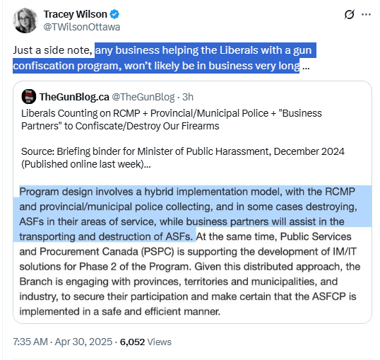 Polysesouvient's tweet image. #GunLobby warning that any business involved in #AssaultWeapon buyback program "won't be in business very long". Why not Tracey? What are you planning for those legitimately working to help fulfill #mandate of a #democratically elected @liberal_party  government? @MarkJCarney