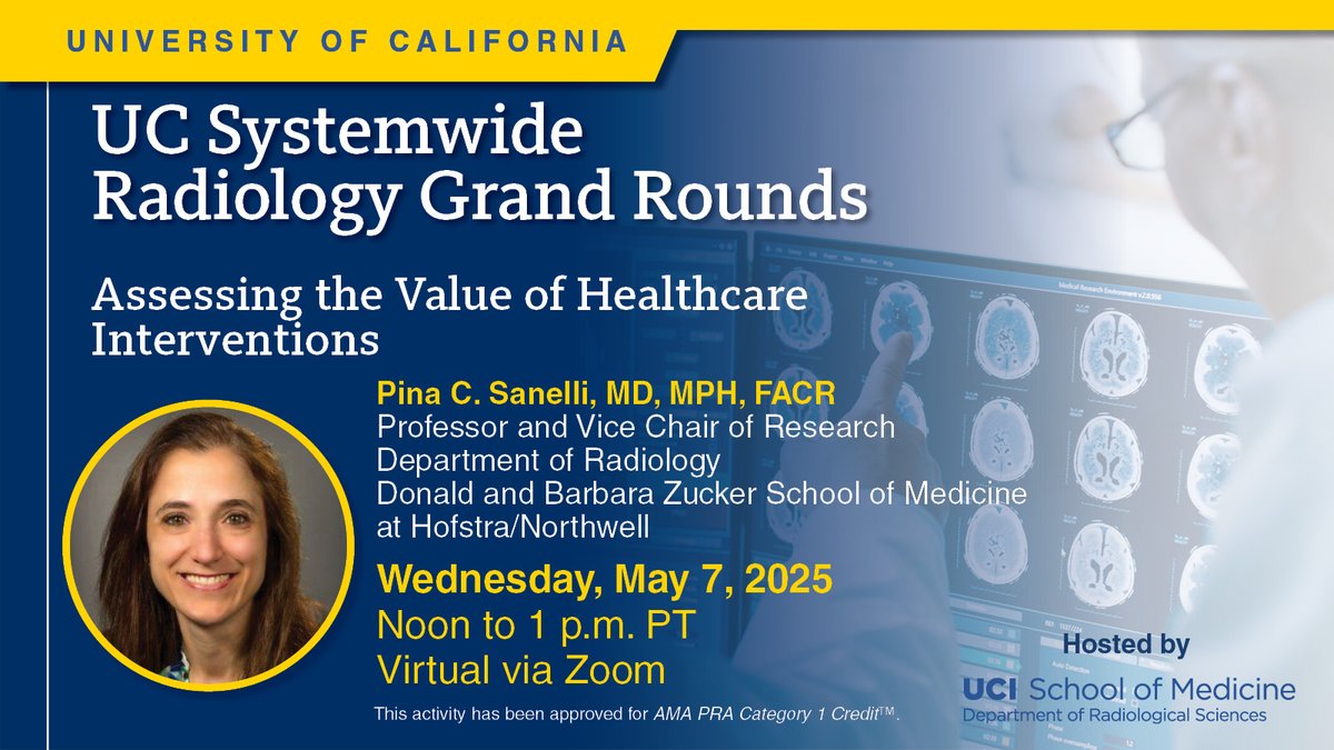 UC Irvine School of Medicine (@ucimedschool) on Twitter photo Join <a href="/uciradiology/">UCI Radiology</a> for the UC Systemwide Radiology #GrandRounds on May 7 to hear from Dr. Pina C. Sanelli, professor and vice chair of research <a href="/ZuckerSoM/">Zucker School of Med</a>. The topic is āAssessing the Value of Healthcare Interventions.ā Register today! bit.ly/444O33Q #UCIMedSchool Join <a href="/uciradiology/">UCI Radiology</a> for the UC Systemwide Radiology #GrandRounds on May 7 to hear from Dr. Pina C. Sanelli, professor and vice chair of research <a href="/ZuckerSoM/">Zucker School of Med</a>. The topic is āAssessing the Value of Healthcare Interventions.ā Register today! bit.ly/444O33Q #UCIMedSchool