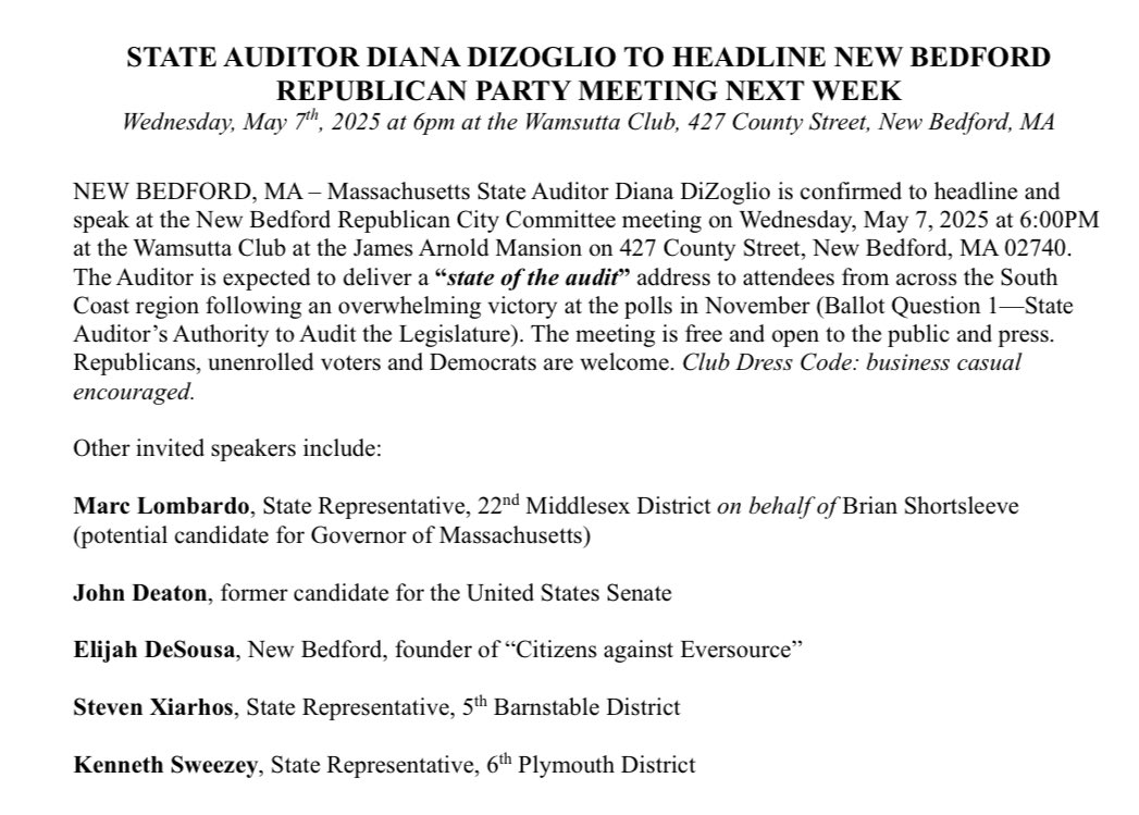 Kelly Garrity (@kellygarrity3) on Twitter photo Democratic state Auditor <a href="/DianaDiZoglio/">Diana DiZoglio</a> is headlining a New Bedford Republican City Committee meeting next week, per release.
Also interesting: Rep. <a href="/MarcTLombardo/">Marc Lombardo</a> is listed to speak on behalf of Brian Shortsleeve (who is billed as a potential gov candidate) #mapoli Democratic state Auditor <a href="/DianaDiZoglio/">Diana DiZoglio</a> is headlining a New Bedford Republican City Committee meeting next week, per release.
Also interesting: Rep. <a href="/MarcTLombardo/">Marc Lombardo</a> is listed to speak on behalf of Brian Shortsleeve (who is billed as a potential gov candidate) #mapoli