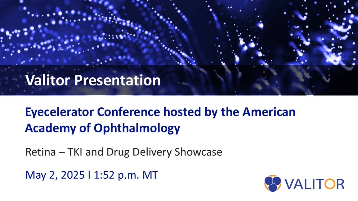 Valitor (@valitorbio) on Twitter photo President and CSO, Wesley Jackson, Ph.D., will present a company and program overview at <a href="/Eyecelerator/">Eyecelerator</a> @ Park City 2025 highlighting our groundbreaking MVP technology platform and the potential of our lead development candidate, VLTR-559, to treat wet AMD. bit.ly/44jrJ6M President and CSO, Wesley Jackson, Ph.D., will present a company and program overview at <a href="/Eyecelerator/">Eyecelerator</a> @ Park City 2025 highlighting our groundbreaking MVP technology platform and the potential of our lead development candidate, VLTR-559, to treat wet AMD. bit.ly/44jrJ6M