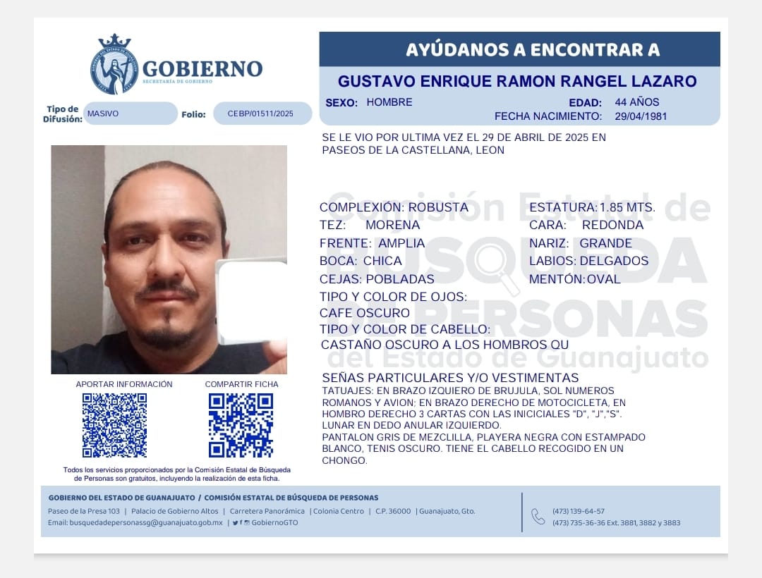 Desaparecidos Guanajuato (@desapgto) on Twitter photo #TeBuscamos Gustavo Enrique Ramón Rangel Lázaro 44 años #Desaparecido 29/Abril/2025 <a href="/LeonSecretaria/">Secretaría del Ayuntamiento León</a> <a href="/Seguridad_Leon/">Secretaría de Seguridad León, Guanajuato</a> <a href="/diezquerra/">Hector Díaz Ezquerra</a> <a href="/Busqueda_MX/">Comisión Nal. de Búsqueda Mx</a> <a href="/FGEGUANAJUATO/">Fiscalía General del Estado de Guanajuato</a> <a href="/Buscadoras_Gto/">Buscadoras Guanajuato</a> <a href="/GtoProyecto/">Proyecto De Búsqueda Gto.</a> <a href="/LaAlamedaGto/">LaAlamedaGuanajuato</a> <a href="/ONUDHmexico/">ONU-DH México</a> <a href="/CentroProdh/">Centro Prodh</a> <a href="/sosdesaparecido/">ALERTA DESAPARECIDOS</a> <a href="/BUSCAMEMX/">BUSCAME Buscando Desaparecidos México</a> #TeBuscamos Gustavo Enrique Ramón Rangel Lázaro 44 años #Desaparecido 29/Abril/2025 <a href="/LeonSecretaria/">Secretaría del Ayuntamiento León</a> <a href="/Seguridad_Leon/">Secretaría de Seguridad León, Guanajuato</a> <a href="/diezquerra/">Hector Díaz Ezquerra</a> <a href="/Busqueda_MX/">Comisión Nal. de Búsqueda Mx</a> <a href="/FGEGUANAJUATO/">Fiscalía General del Estado de Guanajuato</a> <a href="/Buscadoras_Gto/">Buscadoras Guanajuato</a> <a href="/GtoProyecto/">Proyecto De Búsqueda Gto.</a> <a href="/LaAlamedaGto/">LaAlamedaGuanajuato</a> <a href="/ONUDHmexico/">ONU-DH México</a> <a href="/CentroProdh/">Centro Prodh</a> <a href="/sosdesaparecido/">ALERTA DESAPARECIDOS</a> <a href="/BUSCAMEMX/">BUSCAME Buscando Desaparecidos México</a>