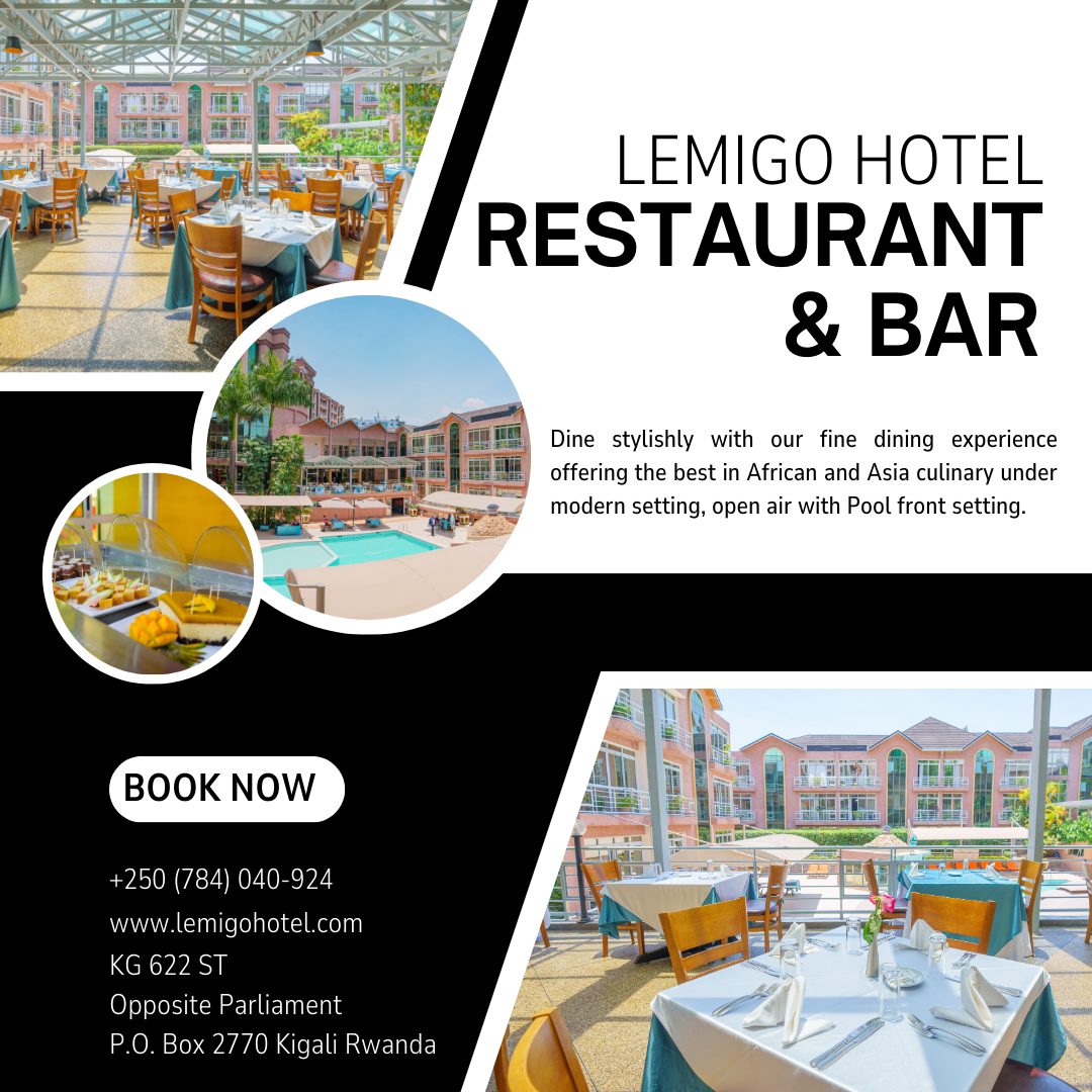 Dine stylishly with our fine dining experience offering the best in African and Asia cuisine in a modern setting, open air with a Pool front setting.

Find out how we can serve you with more.
lemigohotel.com
+250 (784) 040-924
+250 (280) 300-003