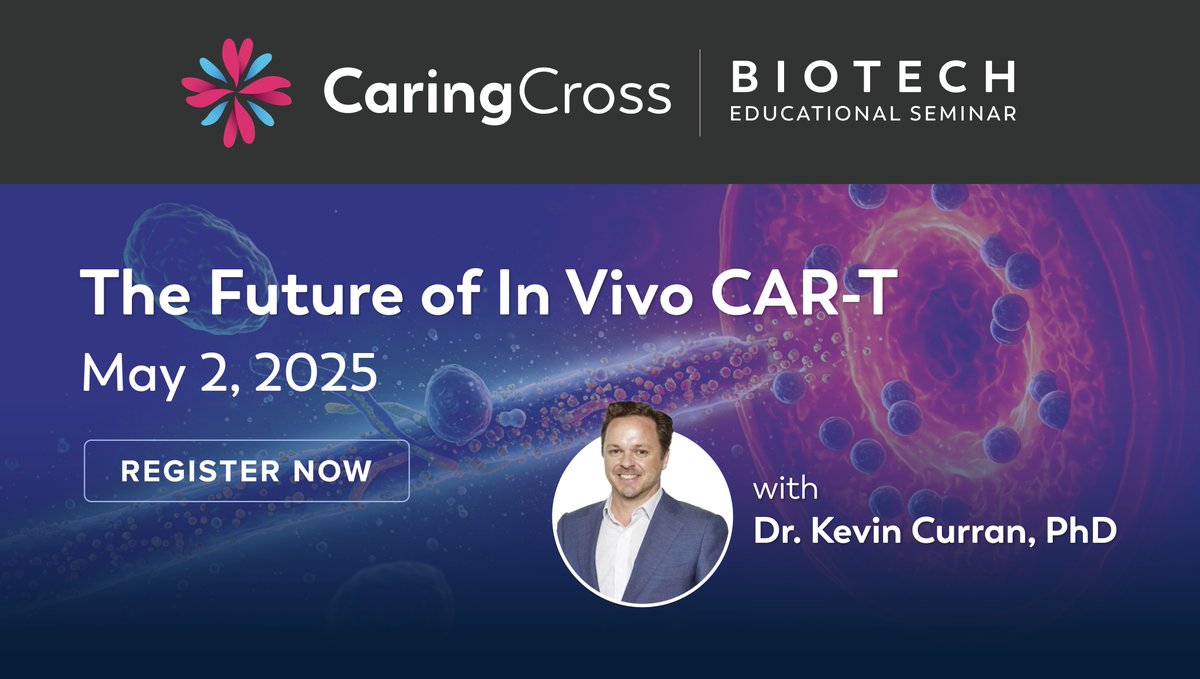 Join us May 2 at 3PM ET for a biotech webinar on The Future of In Vivo CAR-T — a game-changing approach to engineer T cells inside the body. Learn about the science, clinical updates &amp; delivery tools like lentivirus. Register 👉 caringcross.org/events/ 
#CART #GeneTherapy