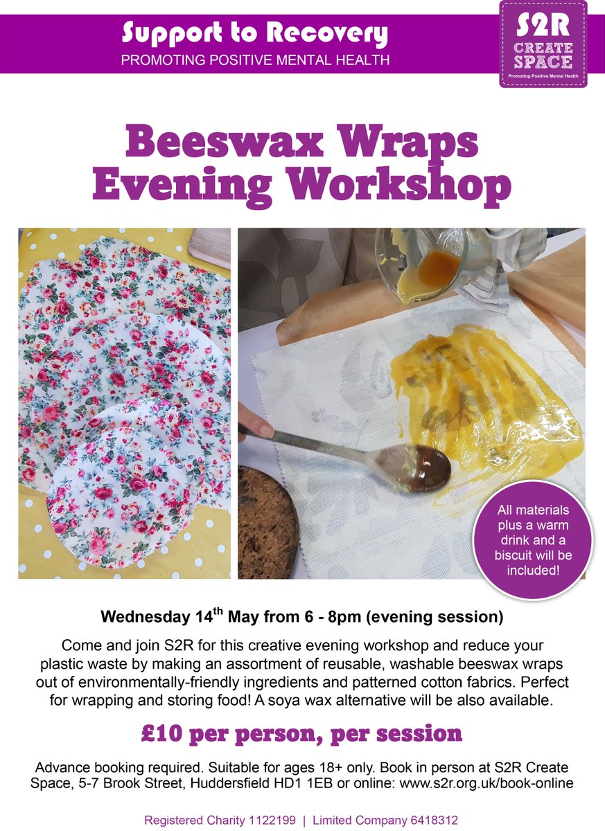 CreateSpaceS2R's tweet image. Beeswax Wraps Evening Workshop
Wednesday 14th March from 6-8pm in Huddersfield town centre. Just £10 per person. Book your place at: s2r.org.uk/book-online
@HuddsHub @Huddersfield4U @CreativeSceneWY
@TSL4Communities @cr8tivekirklees @Huddersfield4U @KirkleesComPlus