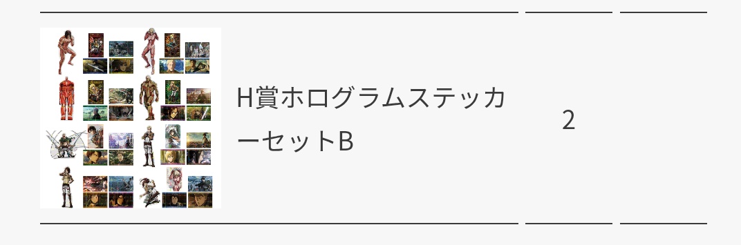 【交換・譲渡】
進撃の巨人一番くじ ～壁の外の世界～

譲:H賞 ホログラムステッカー ×2
　定価＋送料

求:I賞 ちょこのっこ&gt;まとめて1000円
 
2:1可
こちら未開封でお渡し致します。
ちょこのっこは未開封希望
オンラインくじの為、発送されてからのお取引となります。
よろしくお願い致します。